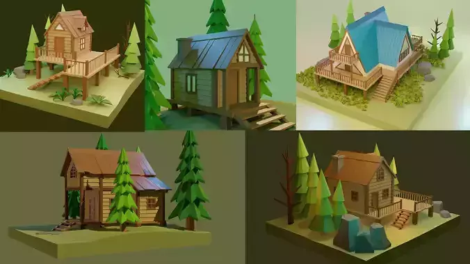 Low Poly Wooden House Pack 3D Model Collection