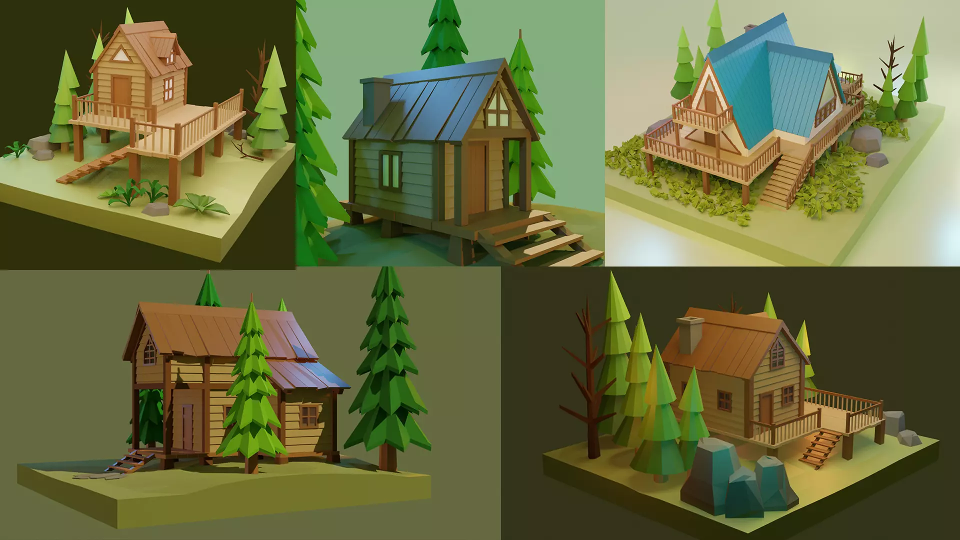 Low Poly Wooden House Pack 3D Model Collection_0