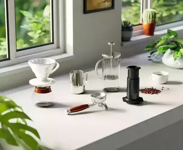 Cafe equipment and accessories set 3D model