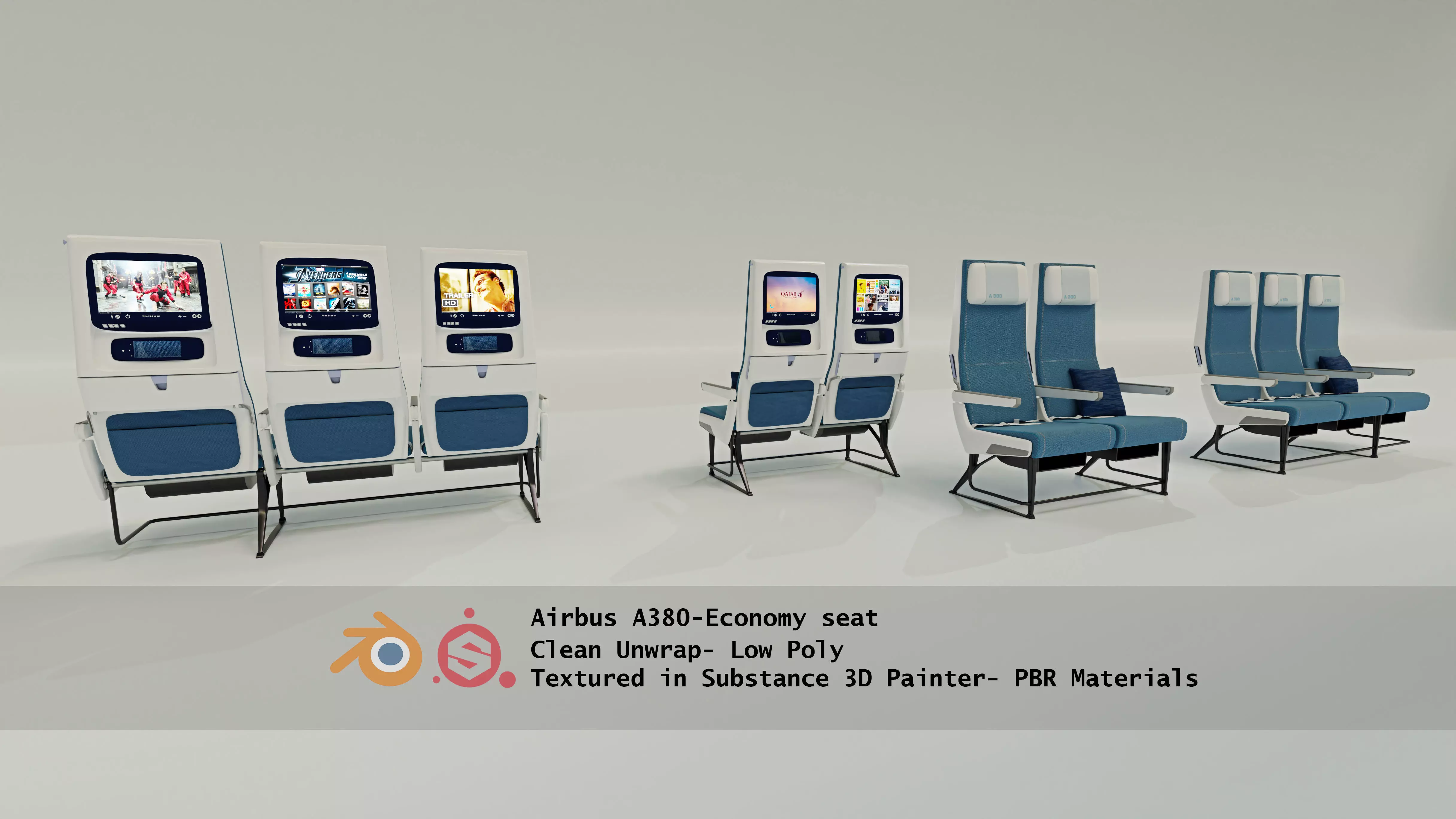 Aircraft seat-Airbus A380 economy seat-high detailed Low-poly 3D model