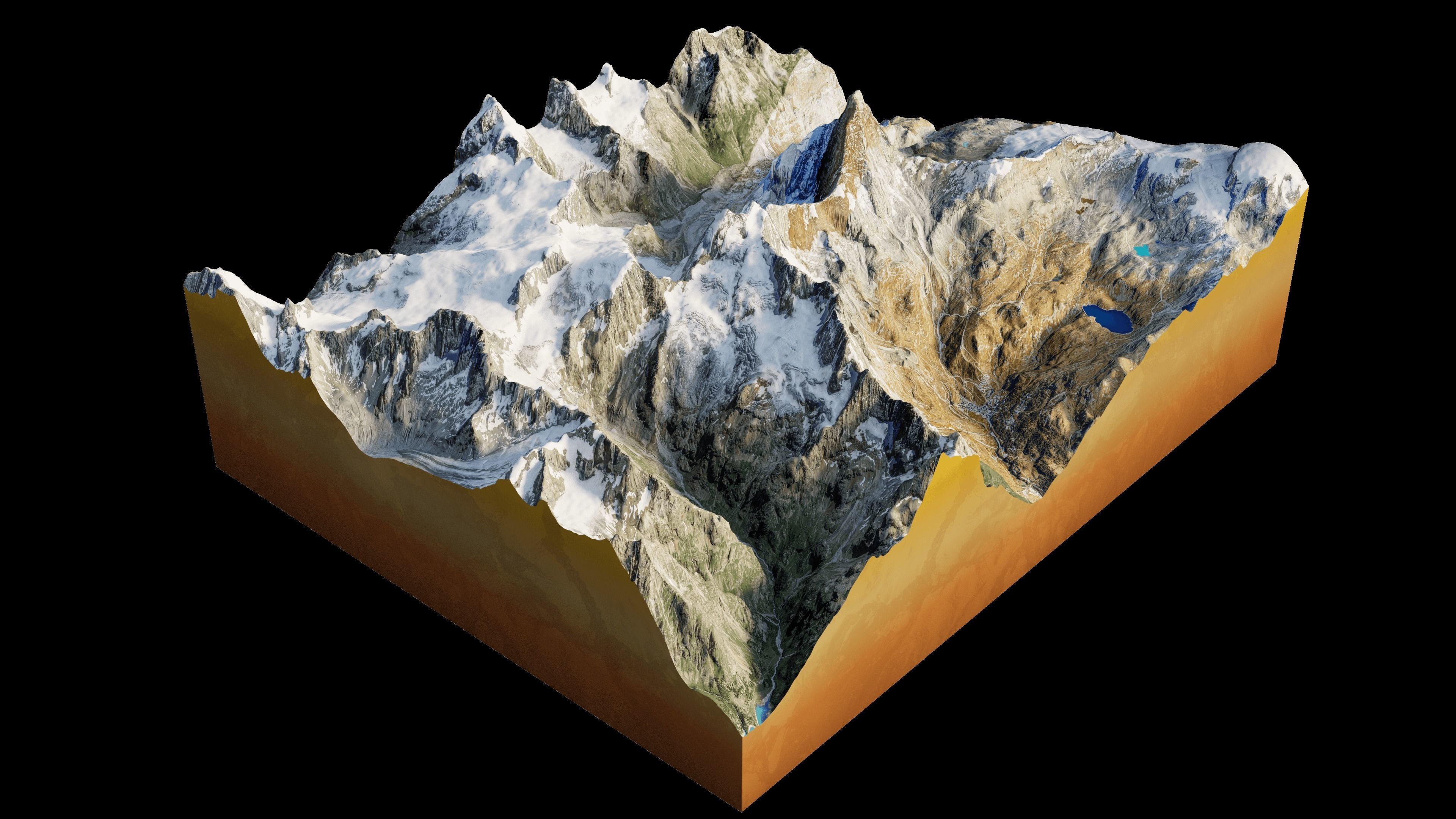 Matterhorn mountain snowy area with slopes and river 3D model_4