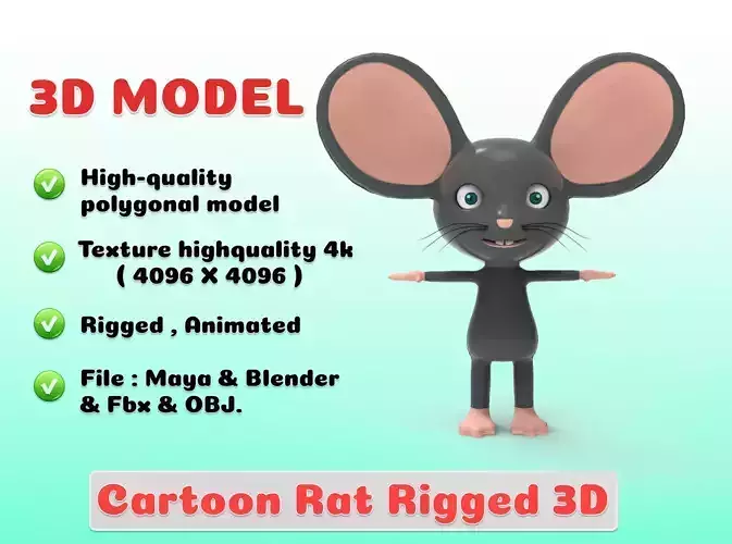 Cartoon Rat Rigged 3D