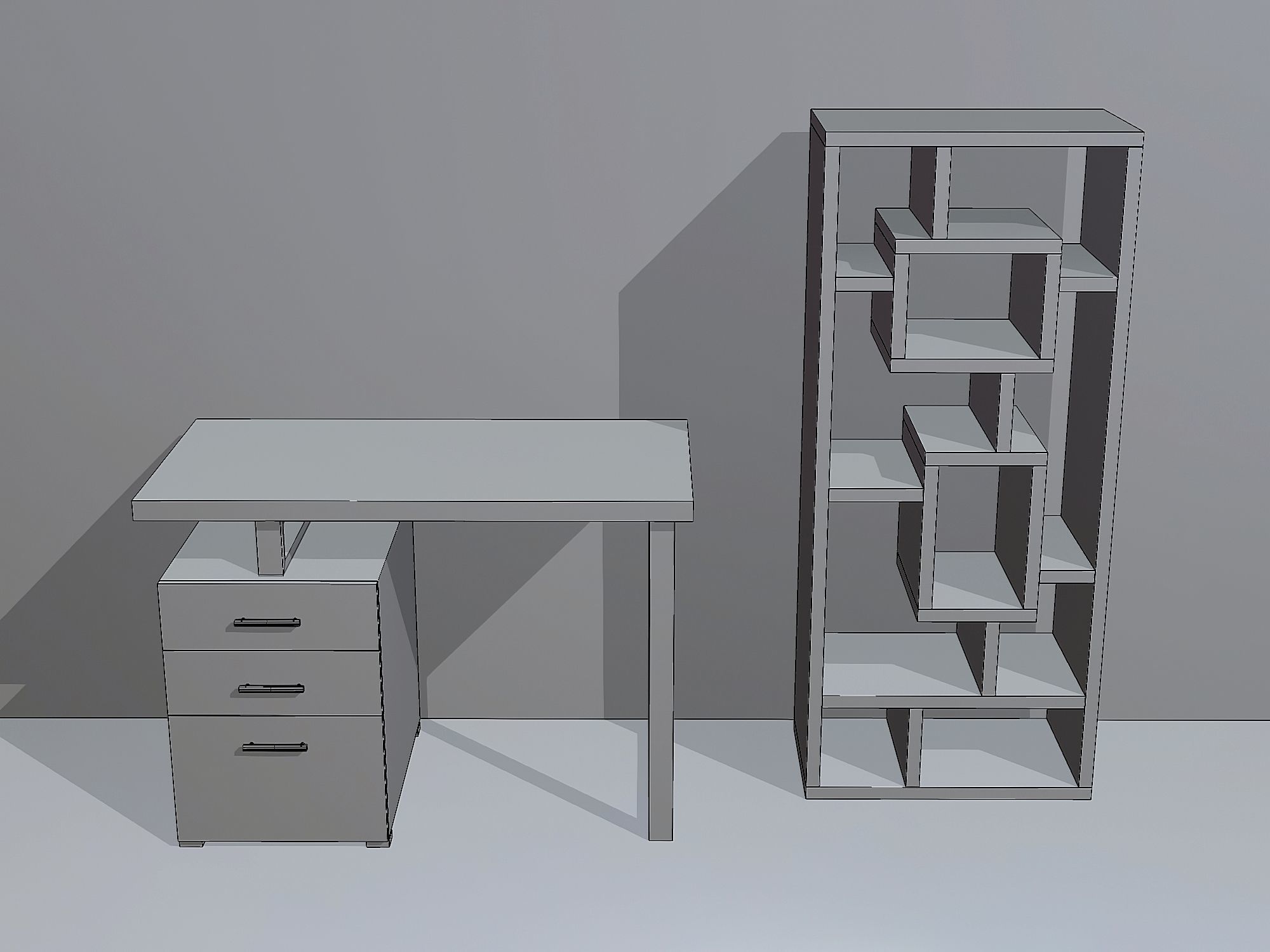 Computer Desk and Bookcase Set Low-poly 3D model_4