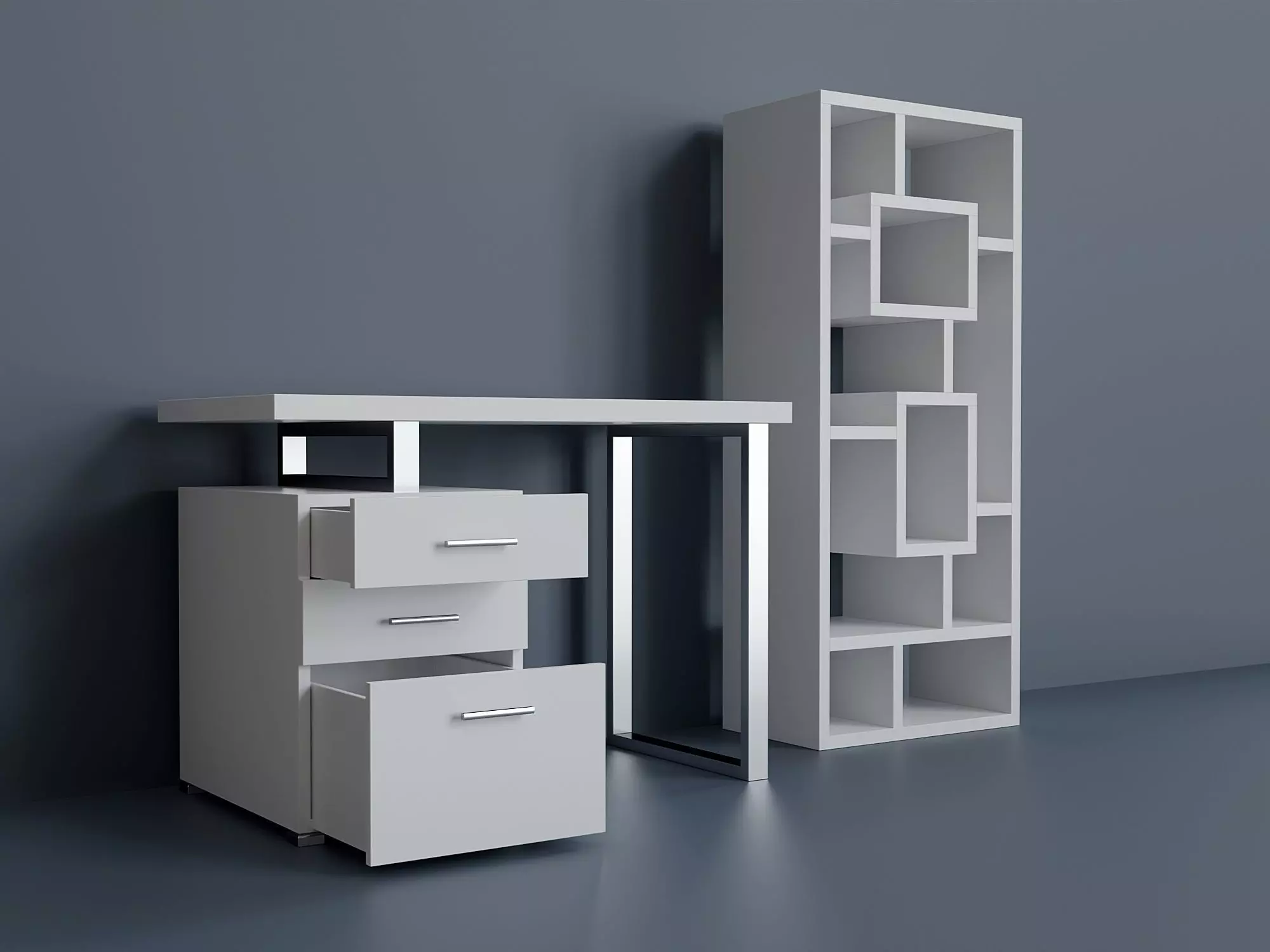 Computer Desk and Bookcase Set Low-poly 3D model_0