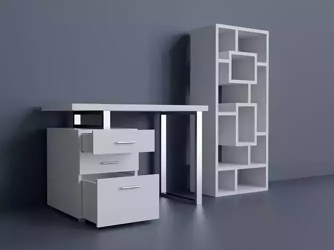 Computer Desk and Bookcase Set Low-poly 3D model