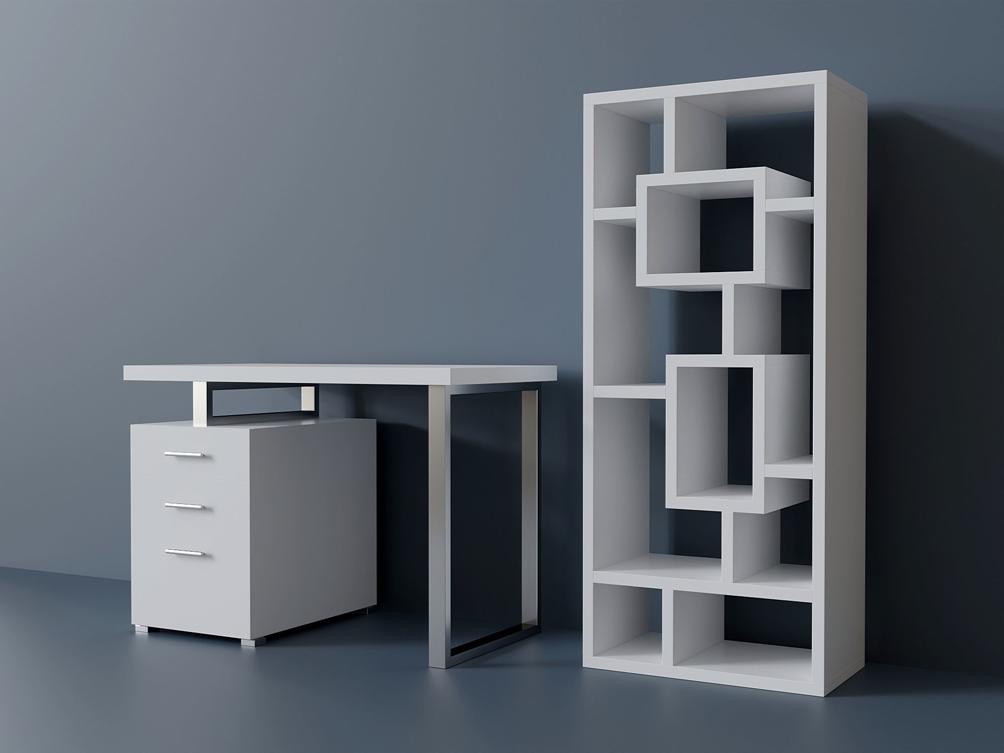 Computer Desk and Bookcase Set Low-poly 3D model_2