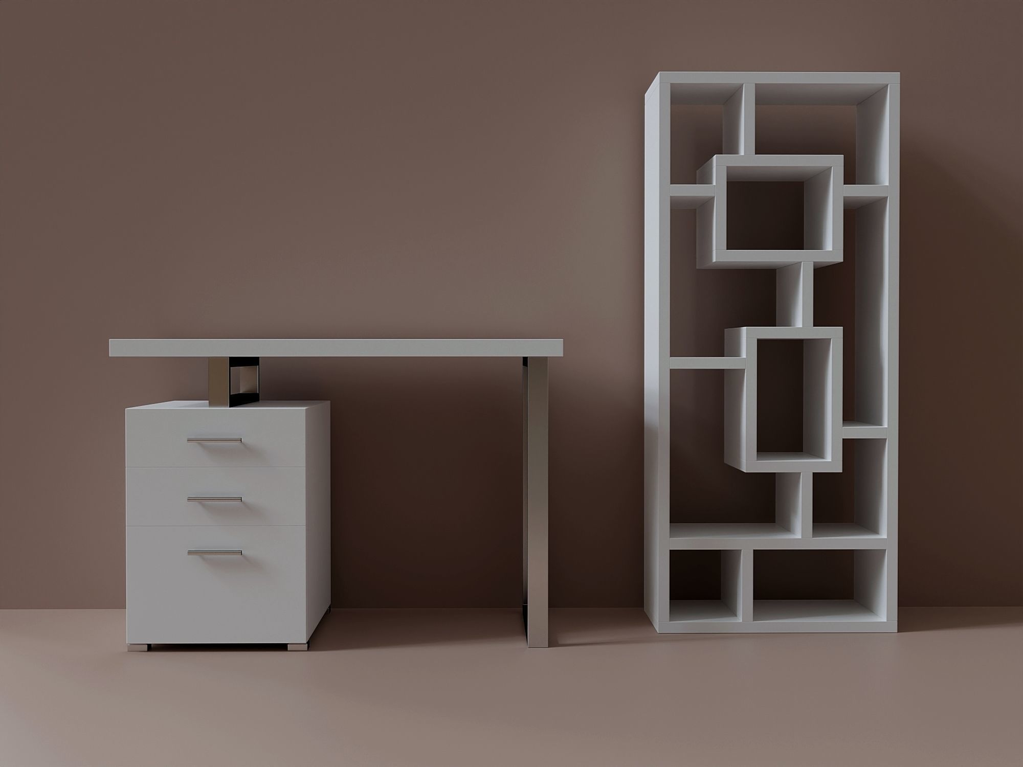 Computer Desk and Bookcase Set Low-poly 3D model_1