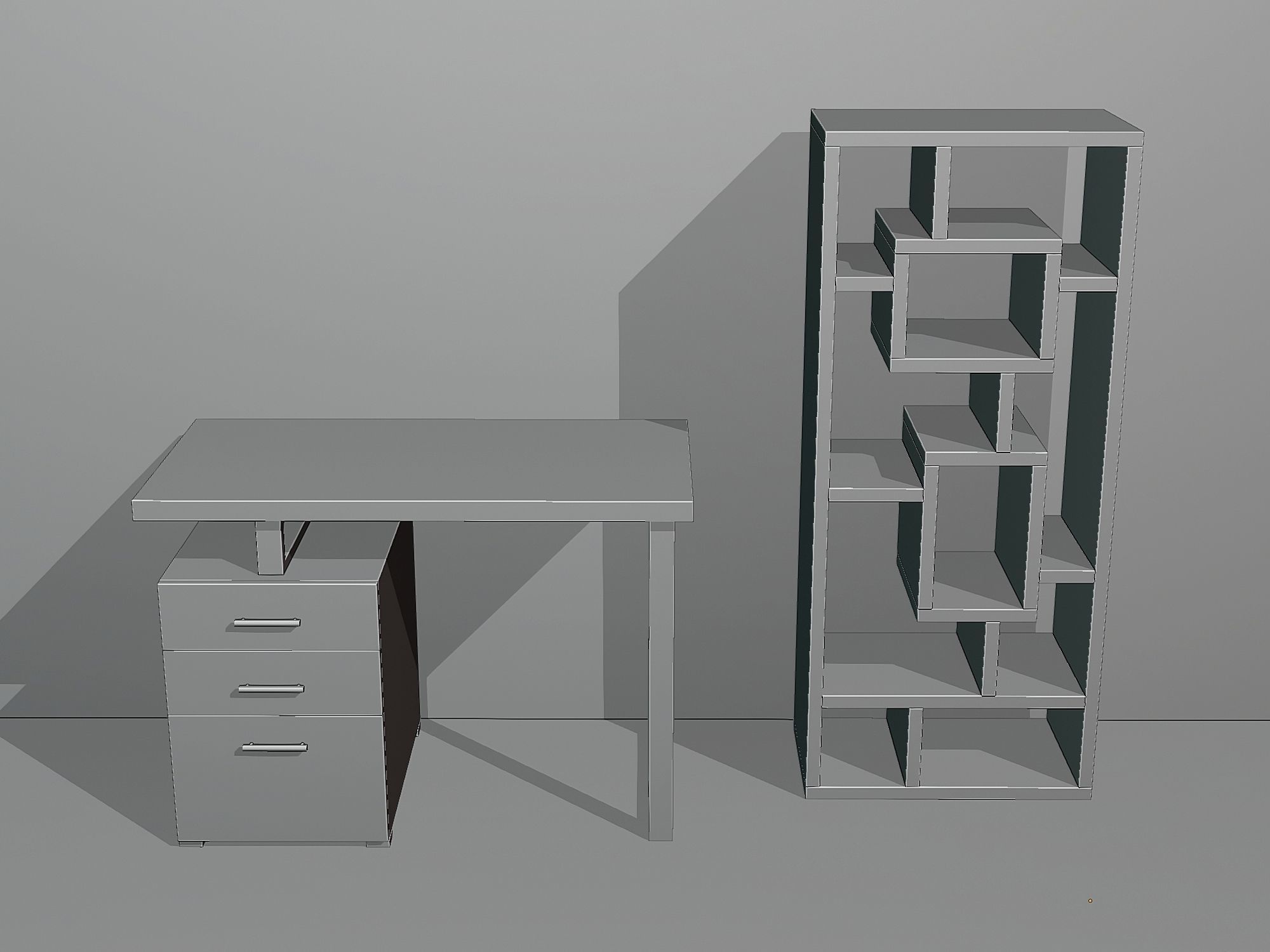 Computer Desk and Bookcase Set Low-poly 3D model_3
