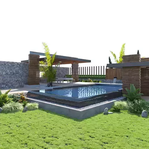 private garden with pool and pergola 3D model