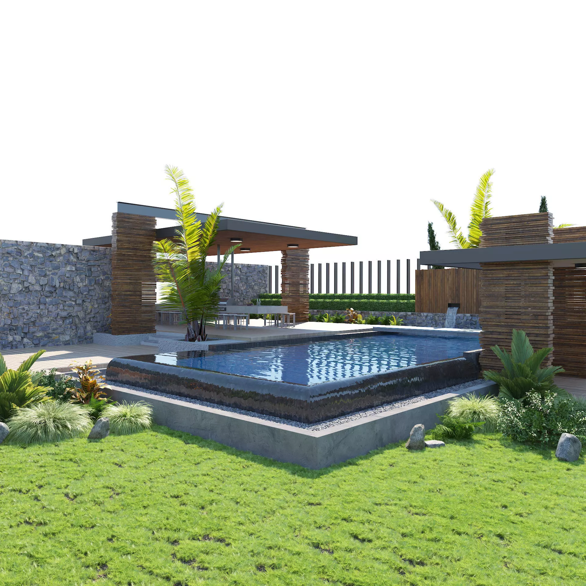 private garden with pool and pergola 3D model_0