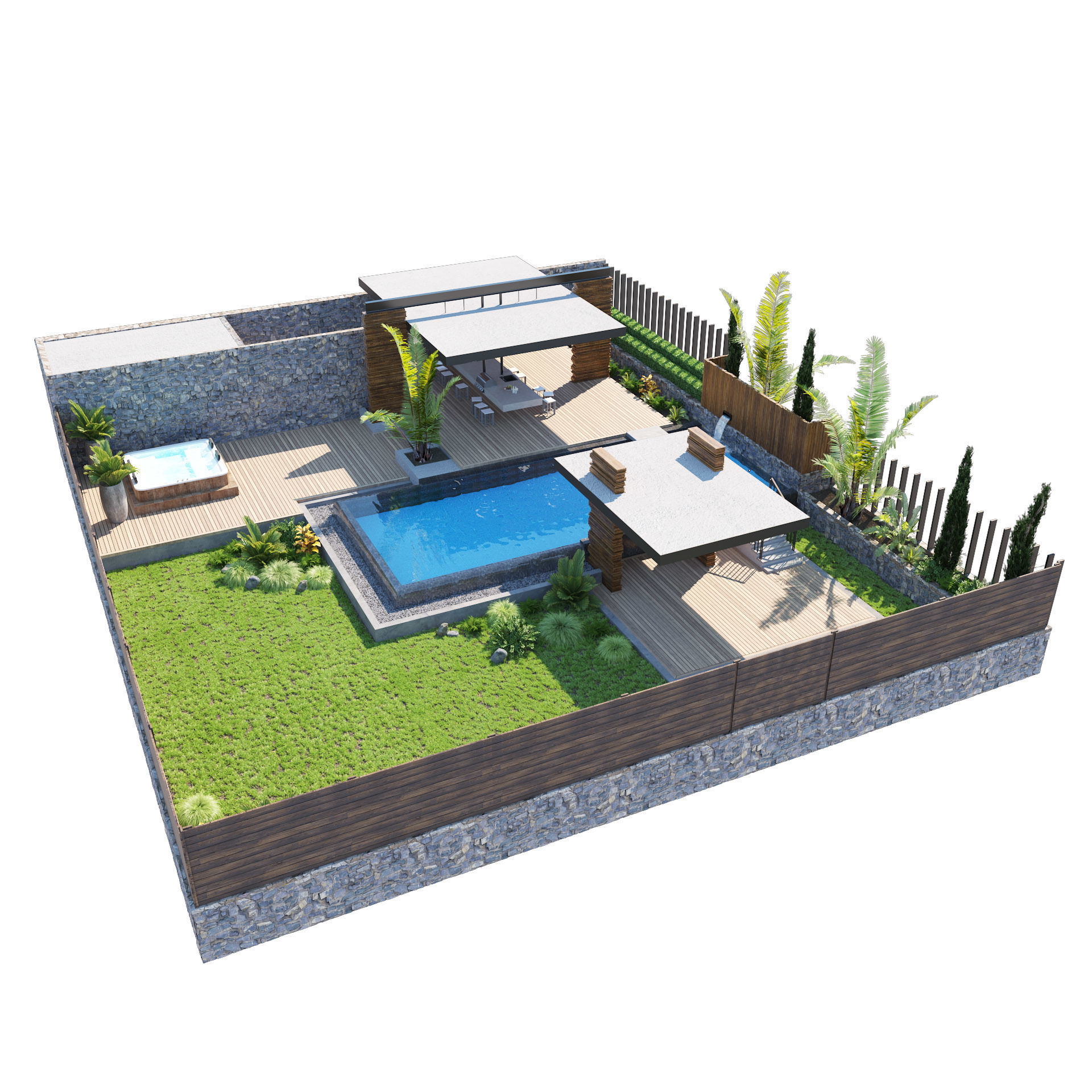 private garden with pool and pergola 3D model_6
