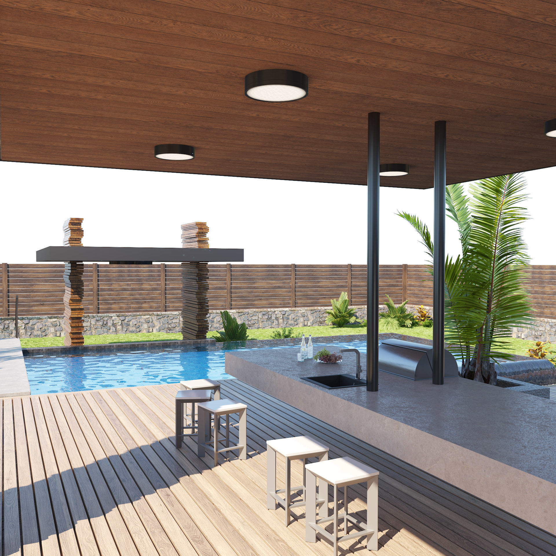 private garden with pool and pergola 3D model_3