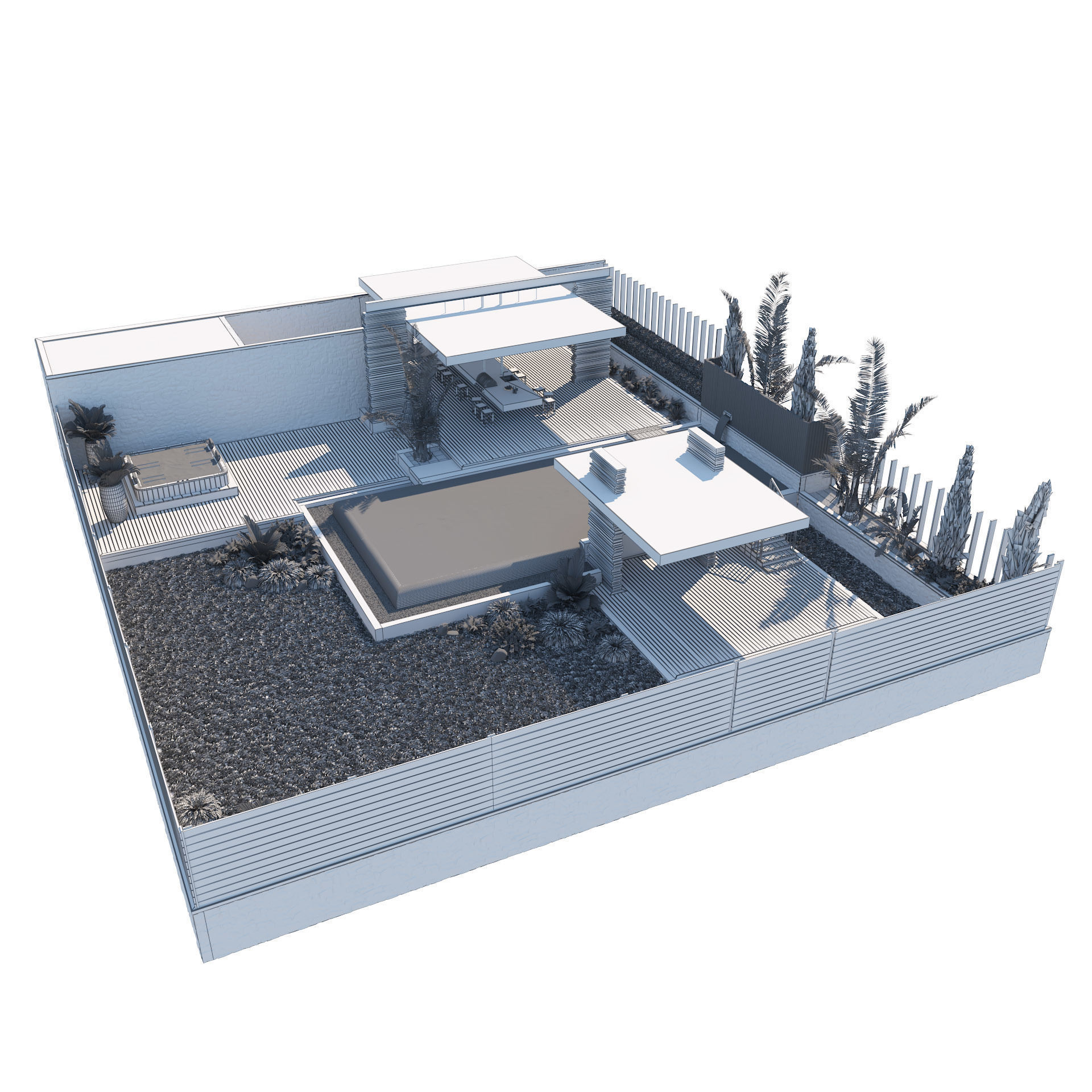 private garden with pool and pergola 3D model_7