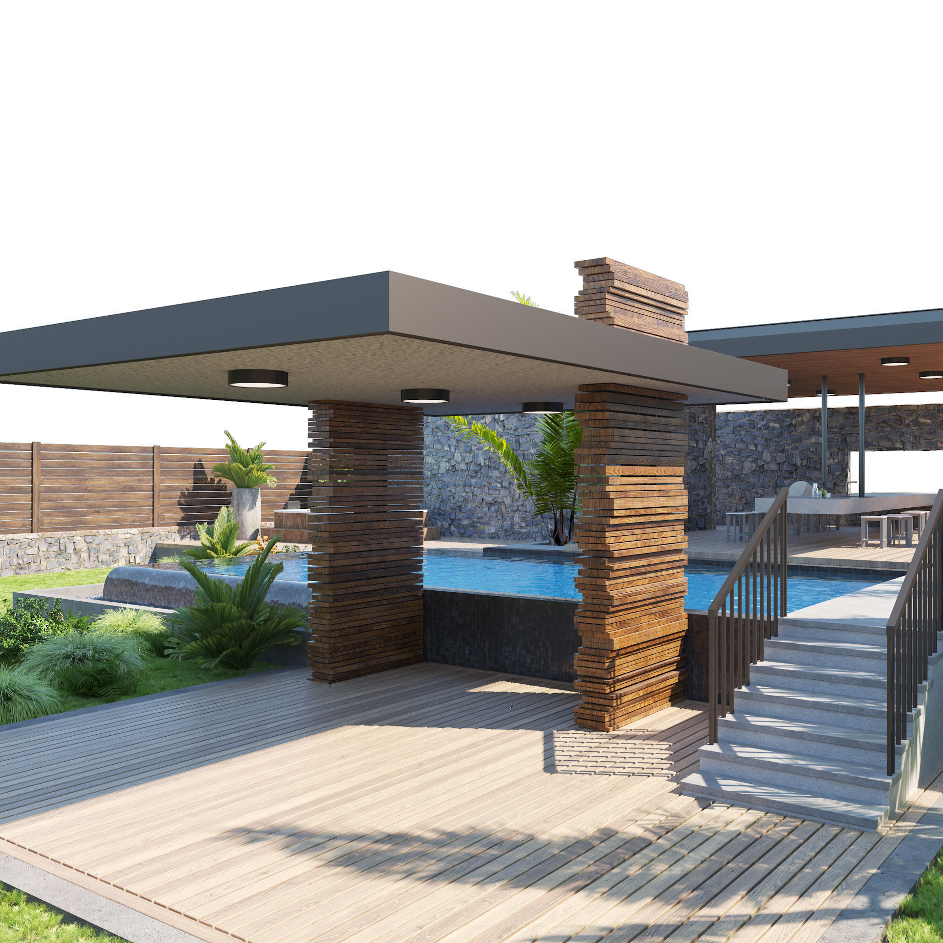 private garden with pool and pergola 3D model_5