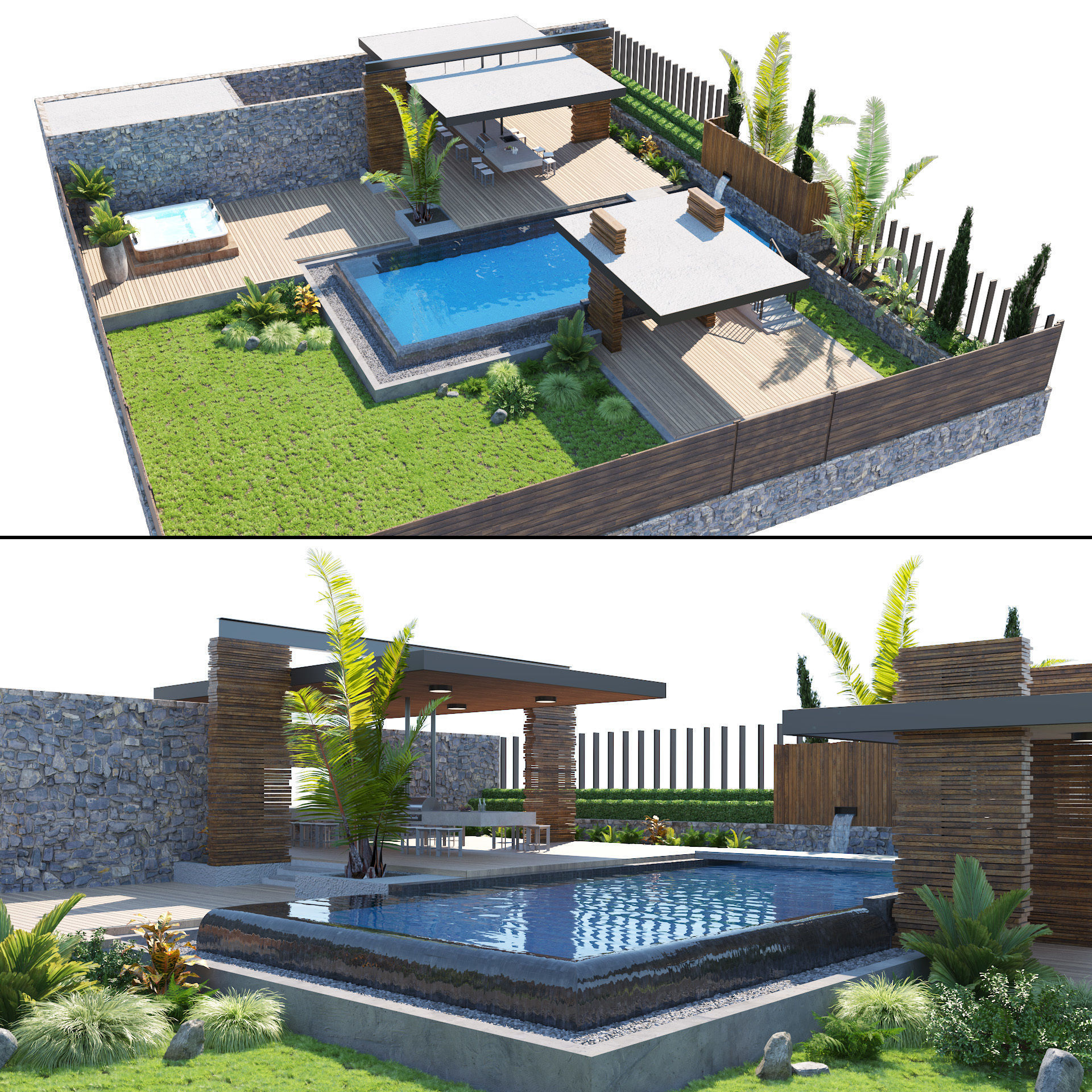 private garden with pool and pergola 3D model_8