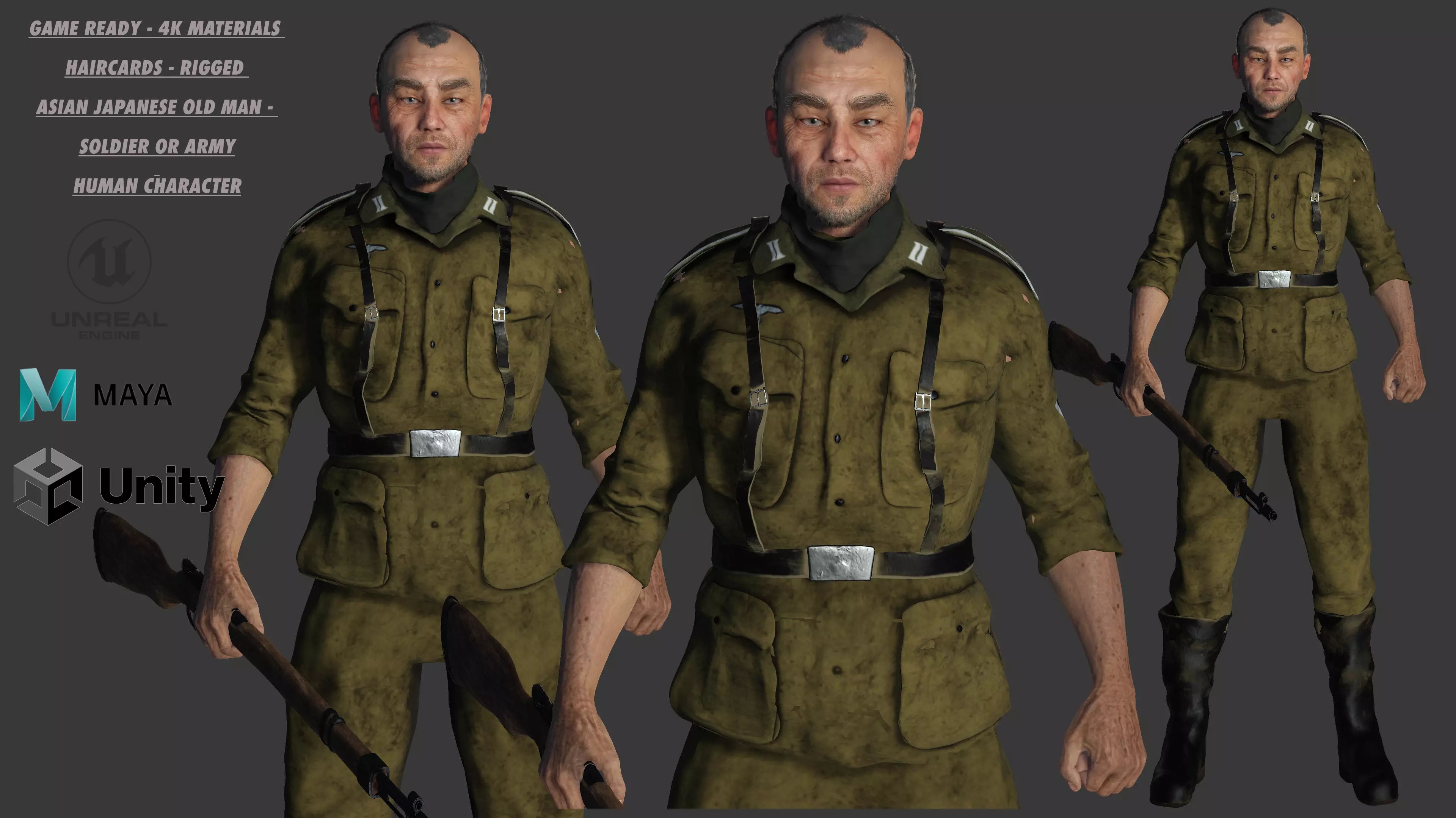 3D ASIAN JAPANESE MALE  MILITARY-REALISTIC RIGGED GAME CHARACTER Low-poly 3D model_0