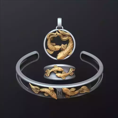 Zodiac Horoscope Pisces ring pendant bracelet collection 3D print model
