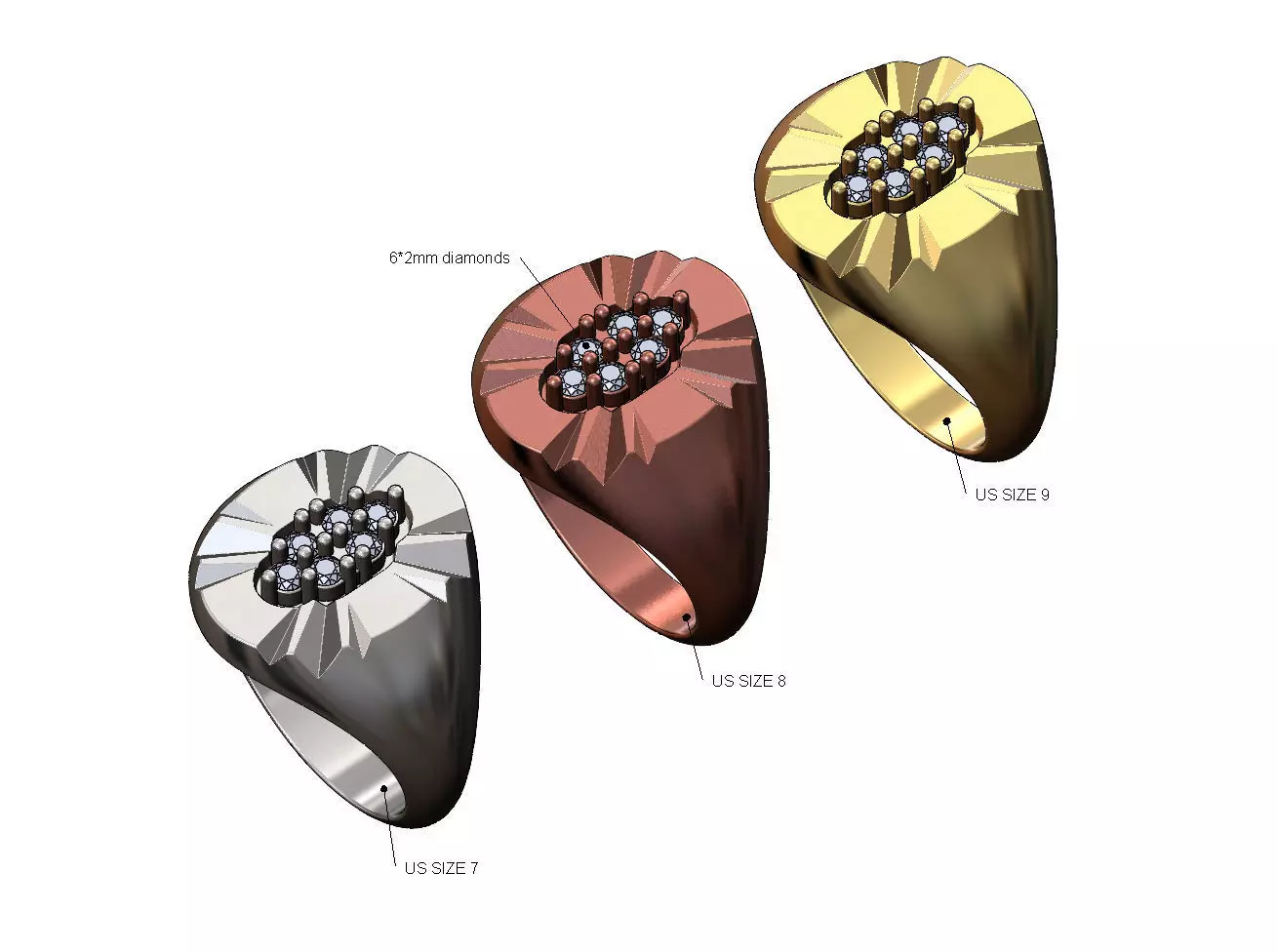 Diamond cluster Claw marks oval ring US sizes 7 8 9 3D print model