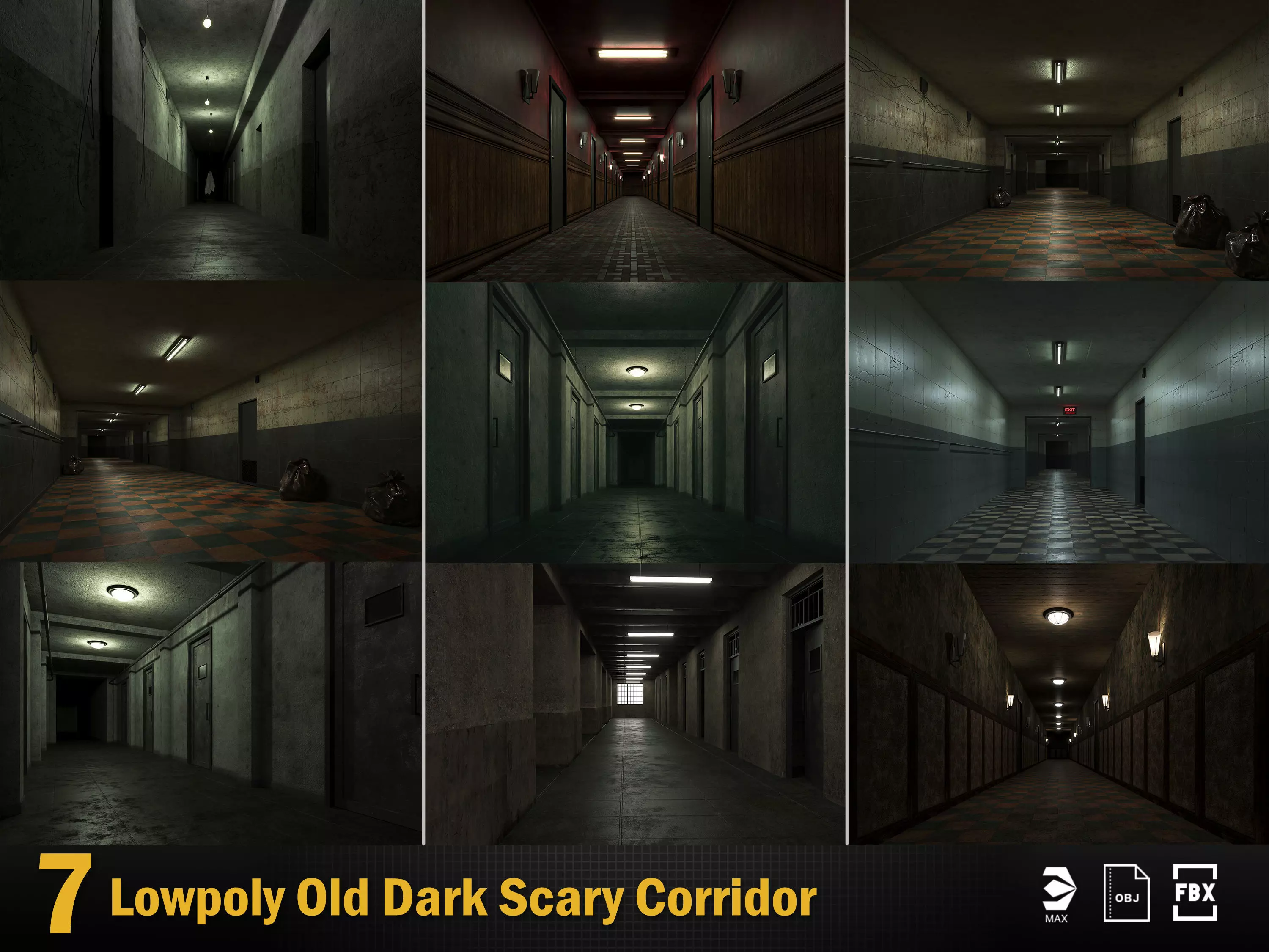 7 Lowpoly Old Dark Scary Corridor 3D Model Collection_0