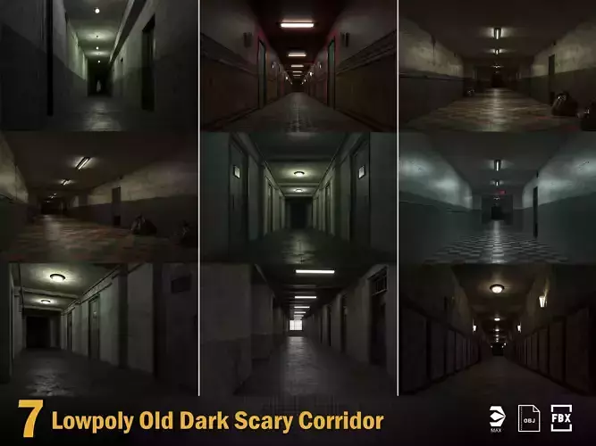 7 Lowpoly Old Dark Scary Corridor 3D Model Collection