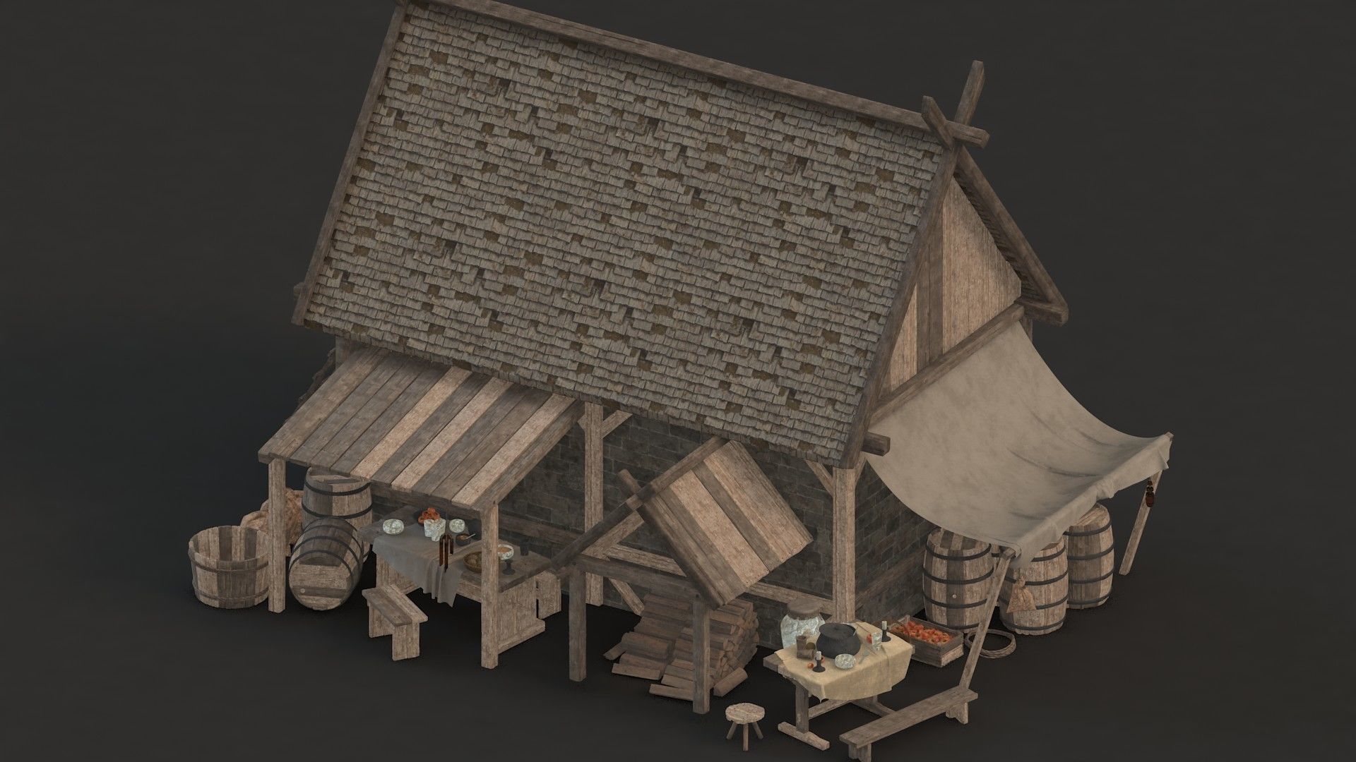 medieval market Low-poly 3D model_2