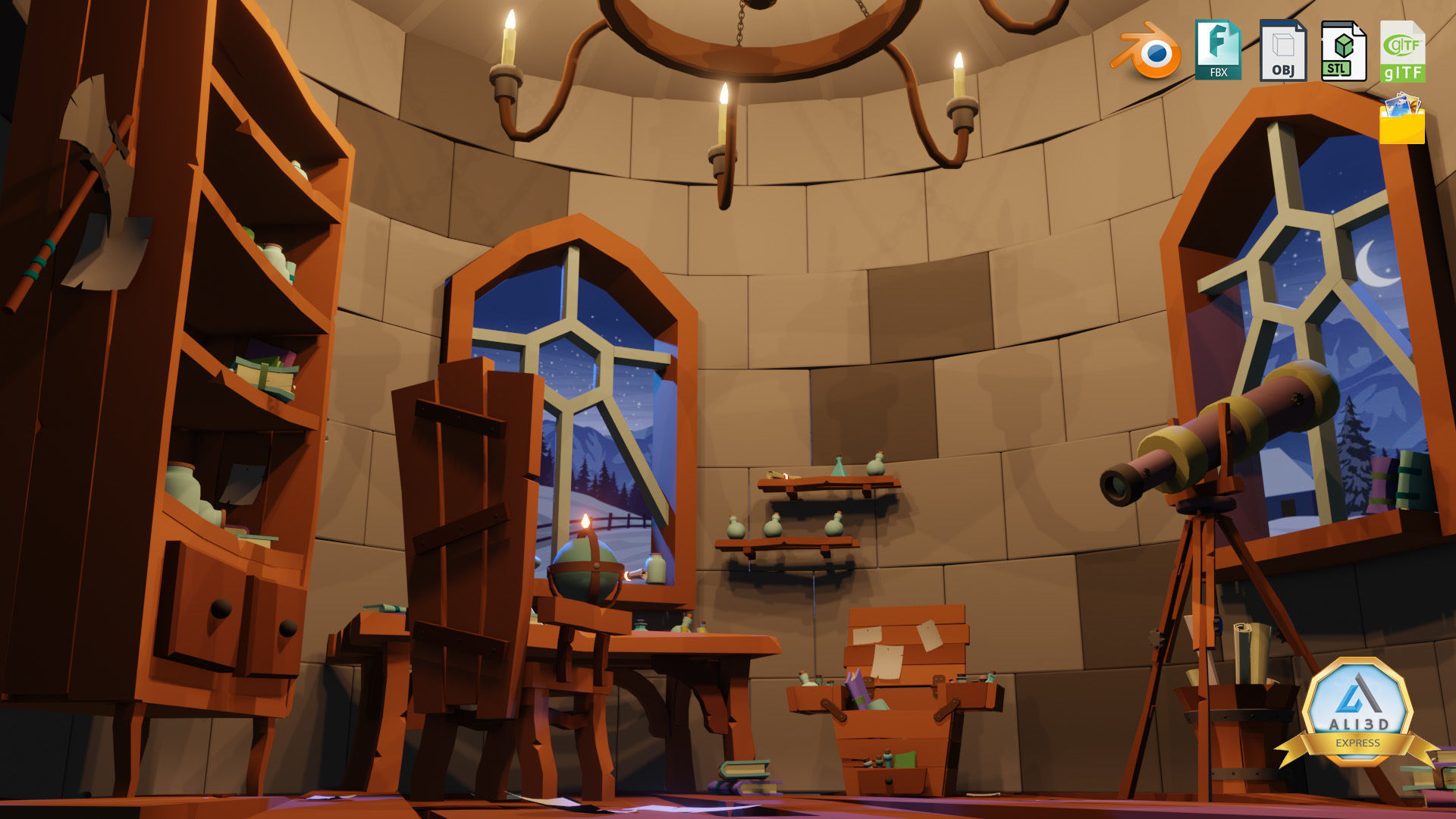 Stylized Astronomy Tower  Low-poly 3D model_3