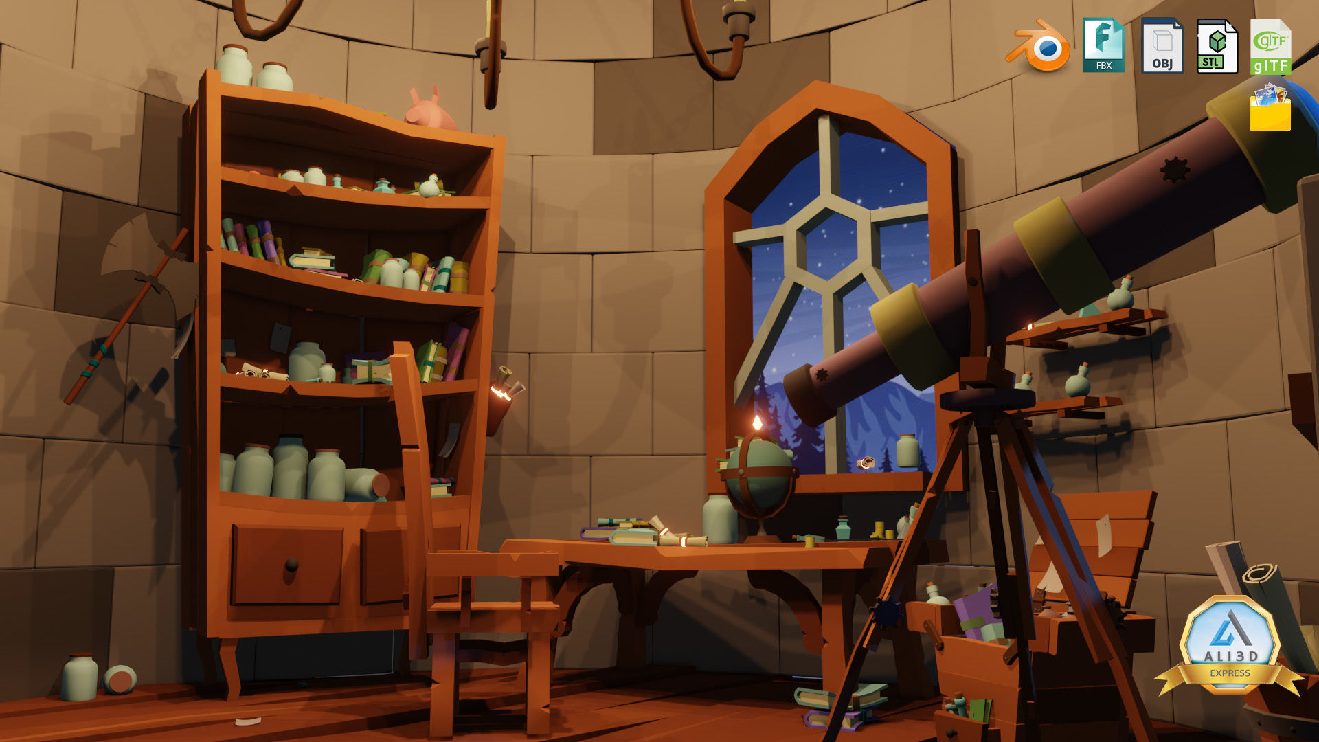 Stylized Astronomy Tower  Low-poly 3D model_8