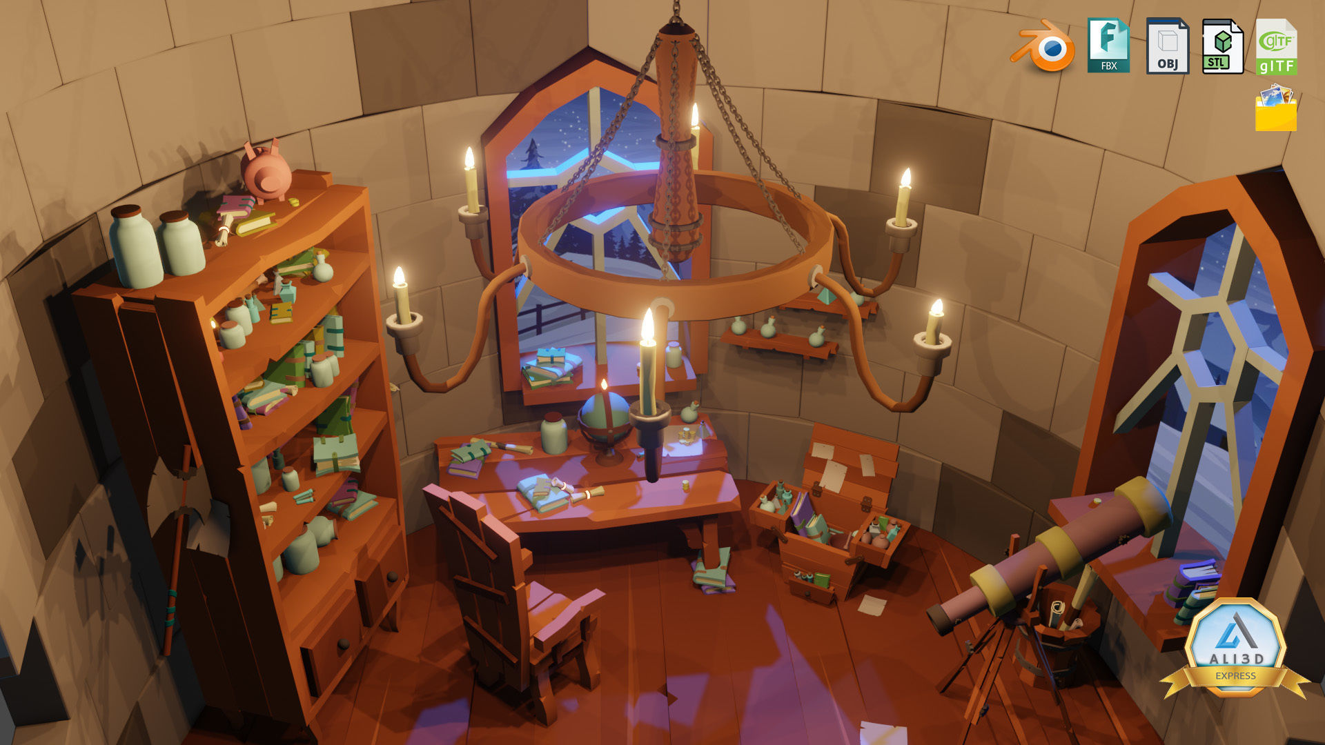 Stylized Astronomy Tower  Low-poly 3D model_6