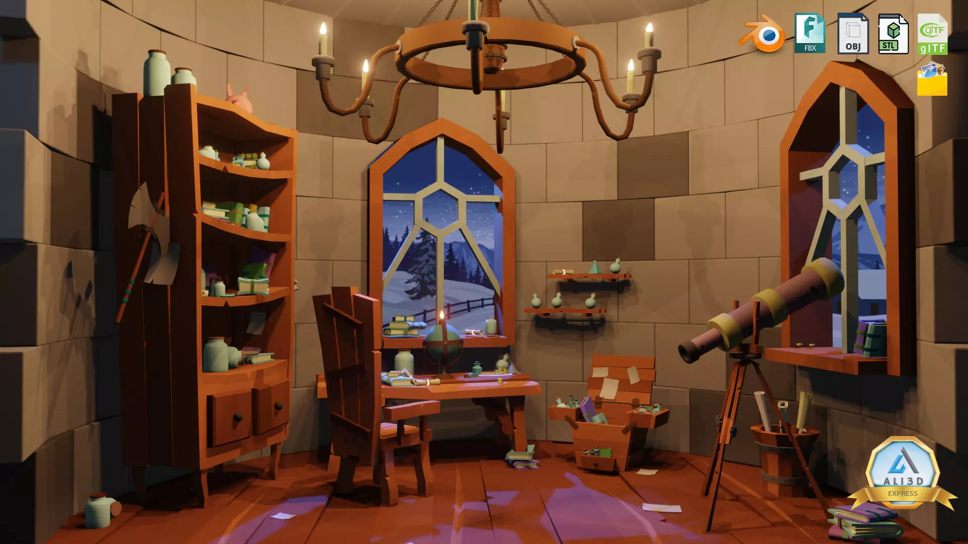 Stylized Astronomy Tower  Low-poly 3D model_0