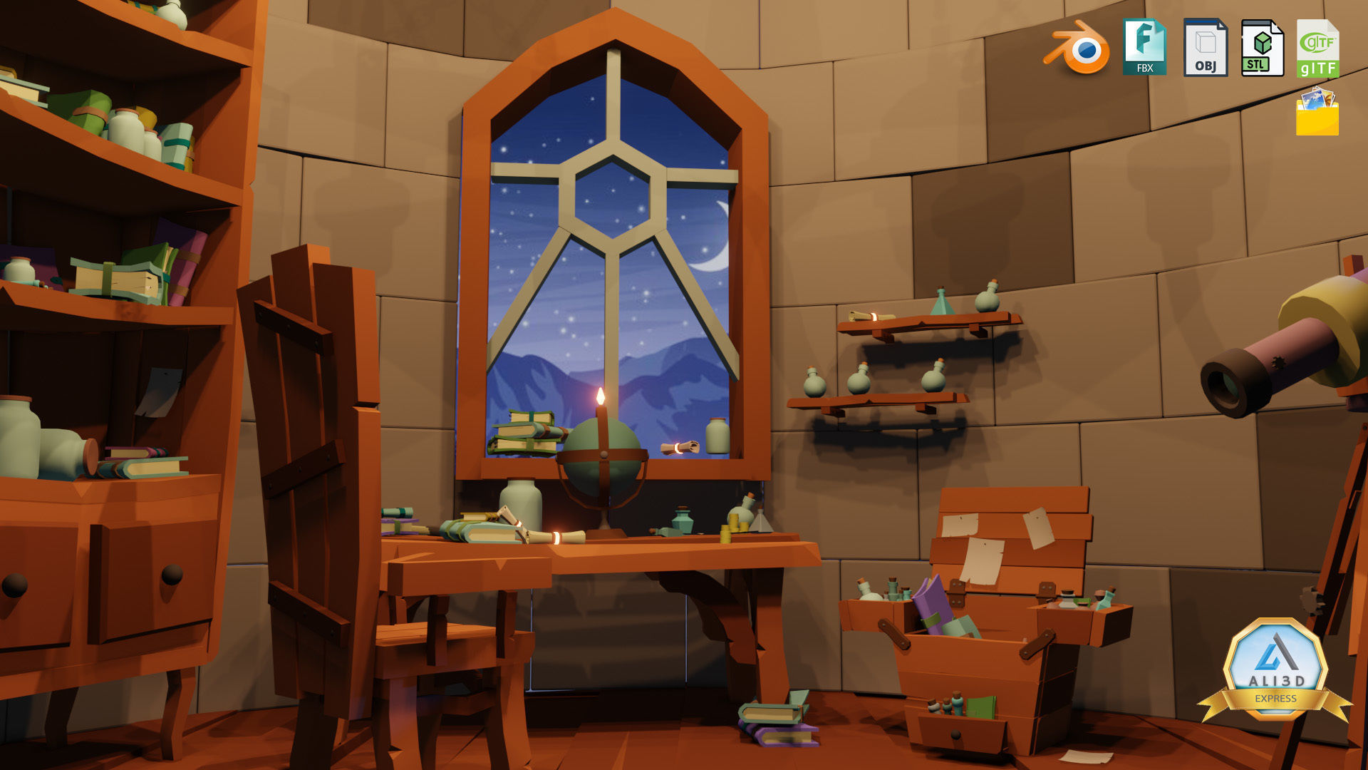 Stylized Astronomy Tower  Low-poly 3D model_7