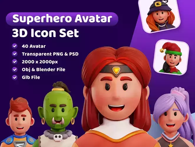 Superhero Avatar Icon Pack 3D Model Low-poly 3D model