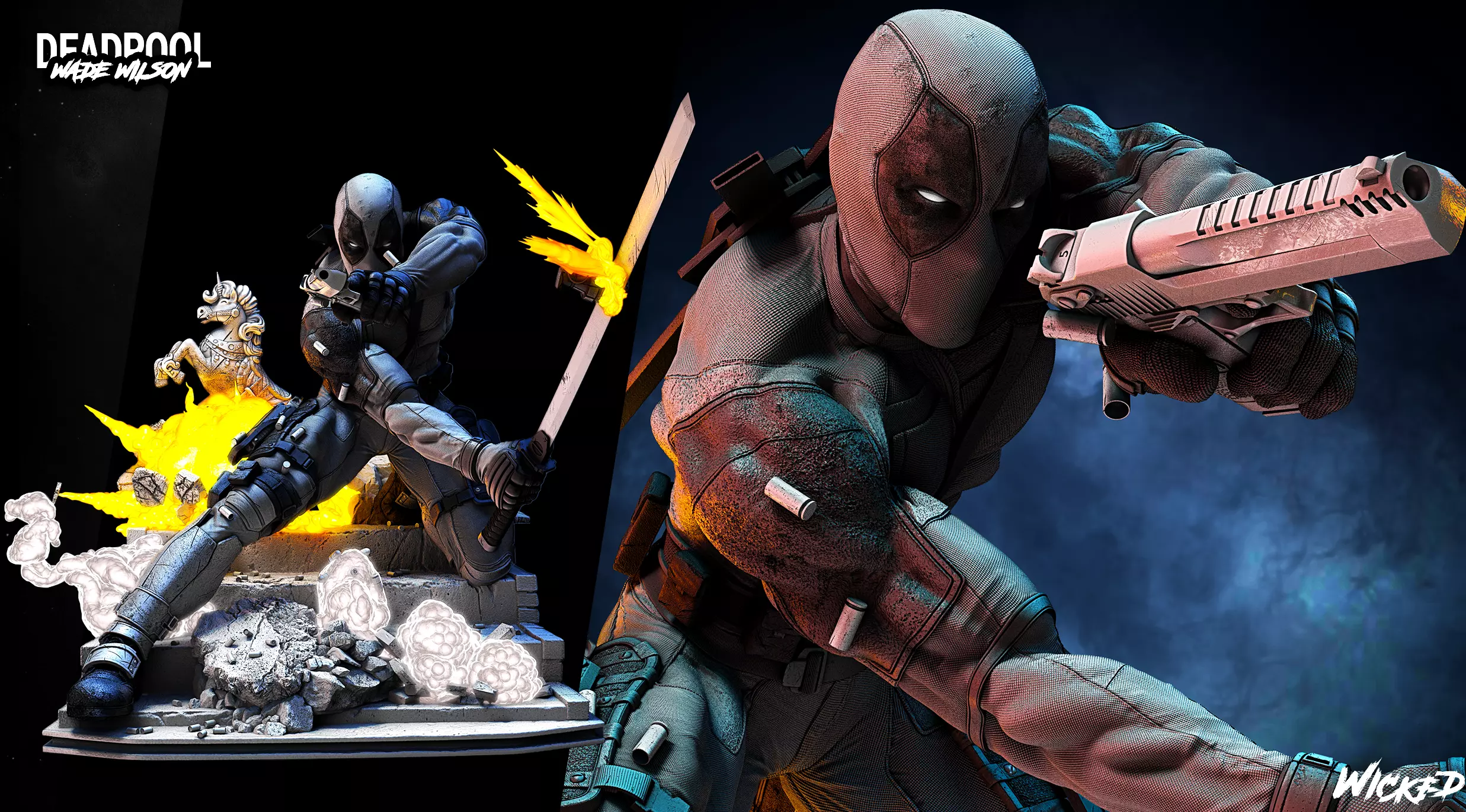 Wicked Marvel Deadpool Sculpture ready for 3d printing Free 3D print model
