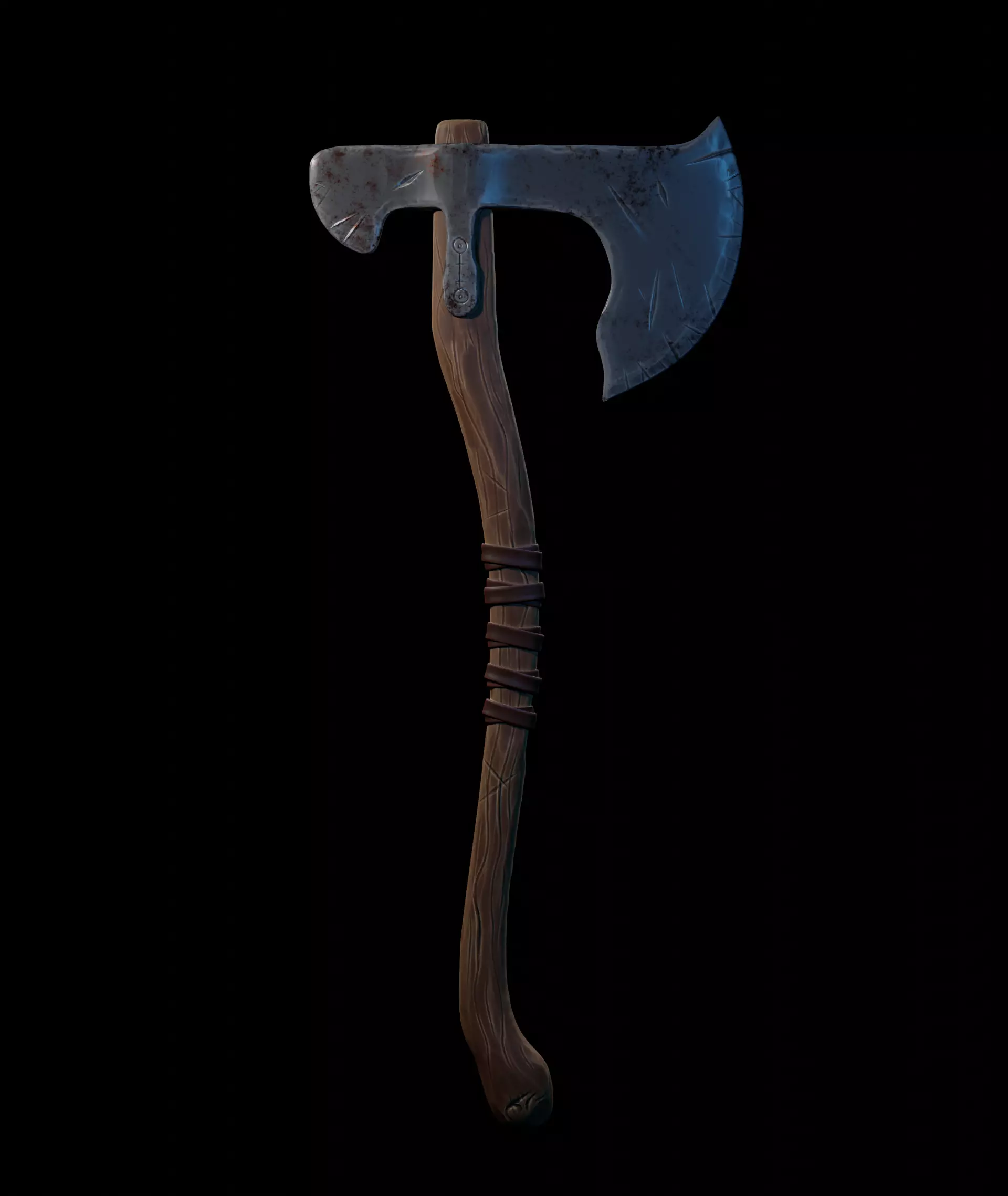 stylised axe in wood and metal with bandage 3D model_0