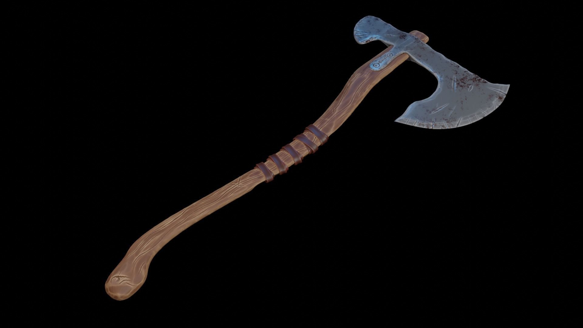 stylised axe in wood and metal with bandage 3D model_2