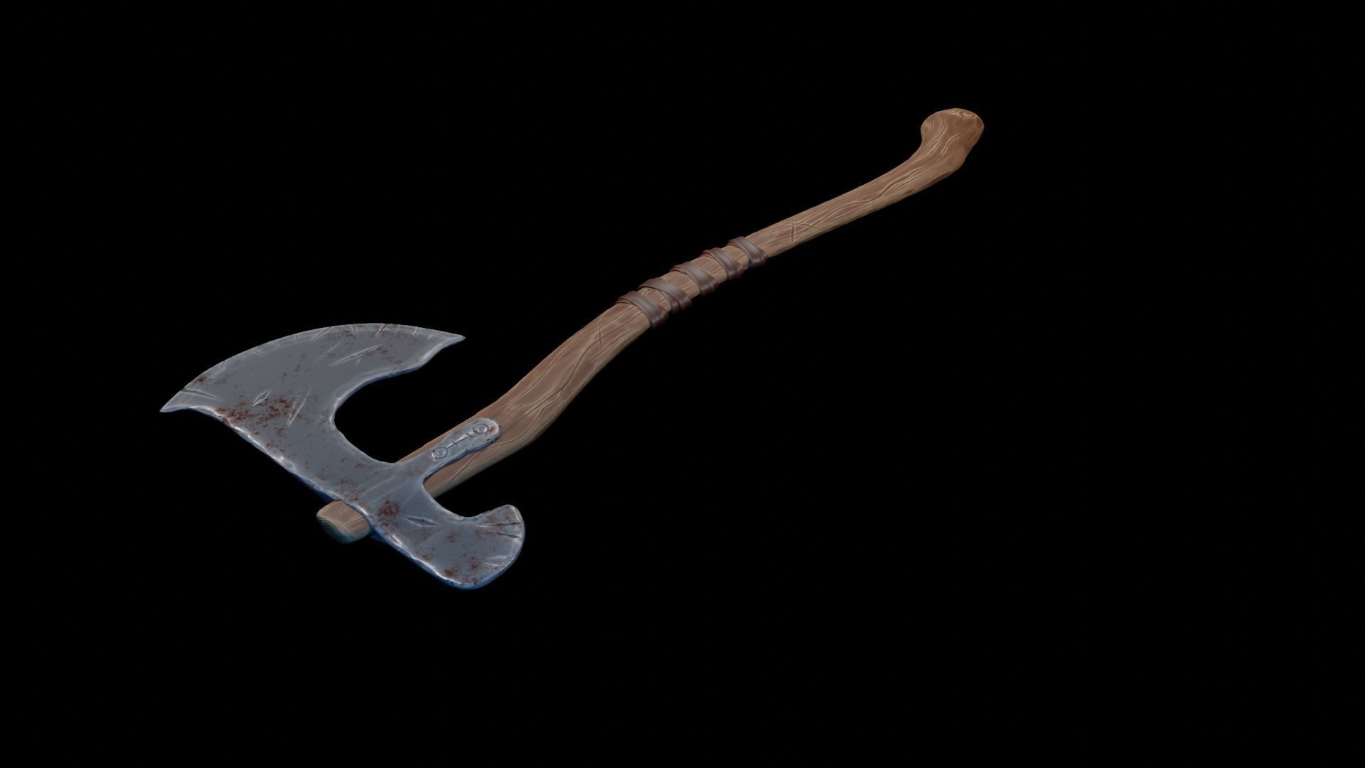 stylised axe in wood and metal with bandage 3D model_3