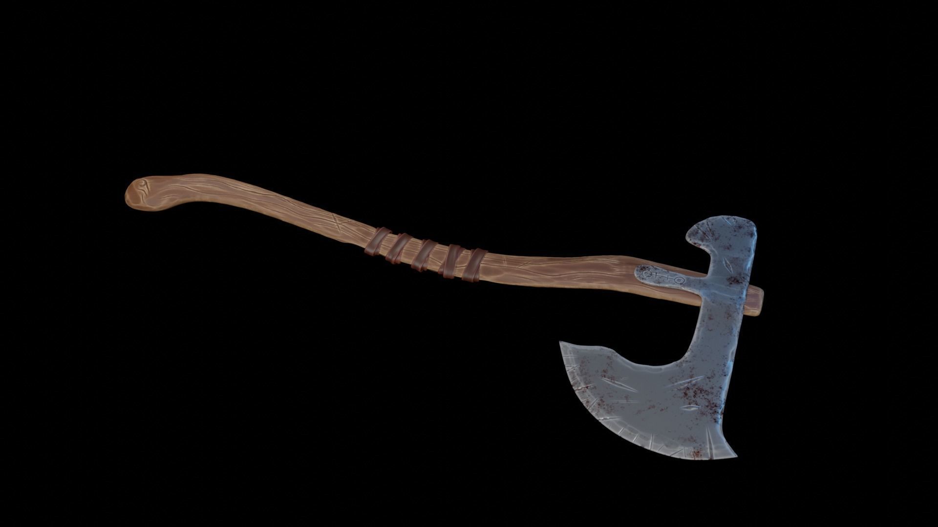 stylised axe in wood and metal with bandage 3D model_1