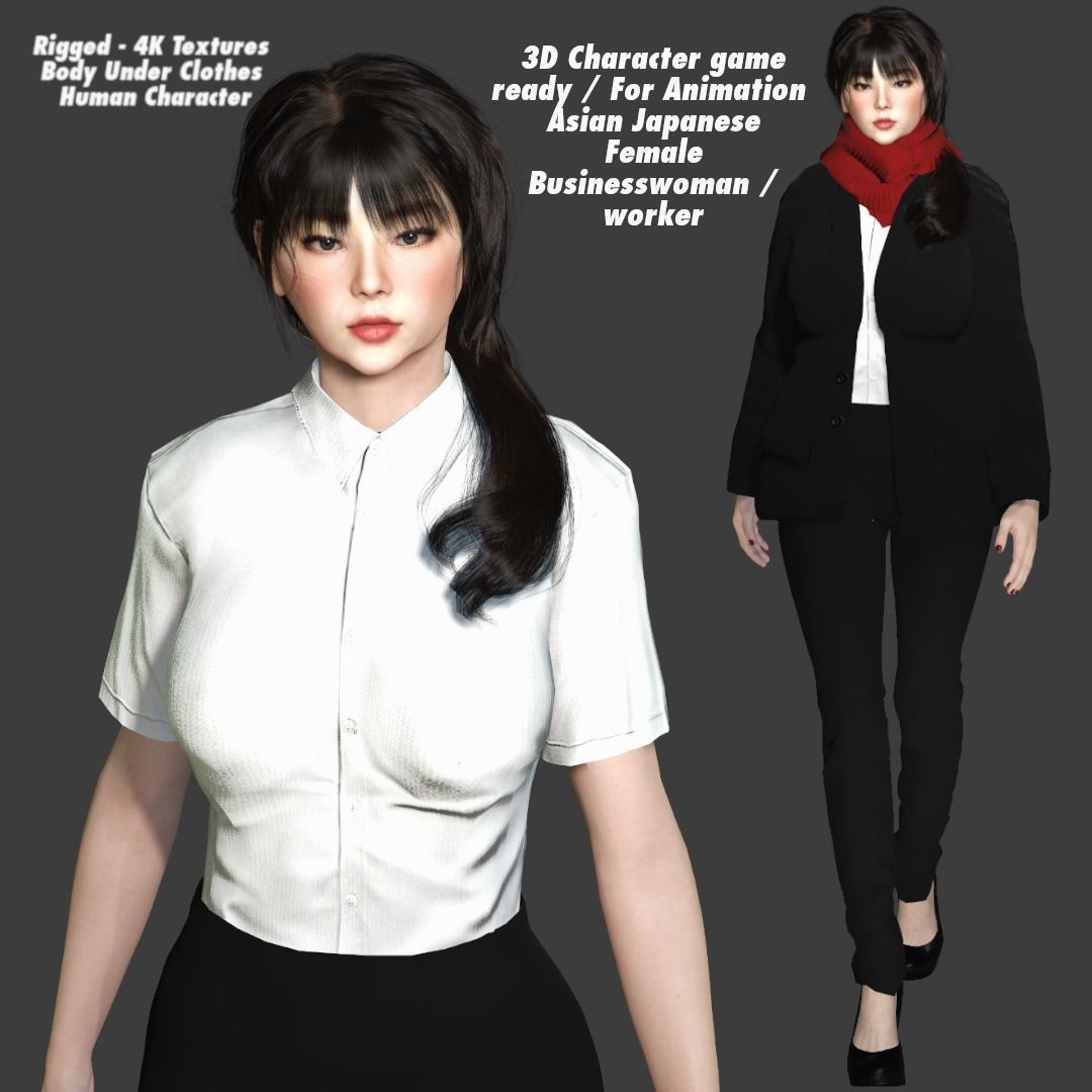 3D ASIAN FEMALE BUSINESSWOMAN WORKER- REALISTIC GAME CHARACTER Low-poly 3D model_1