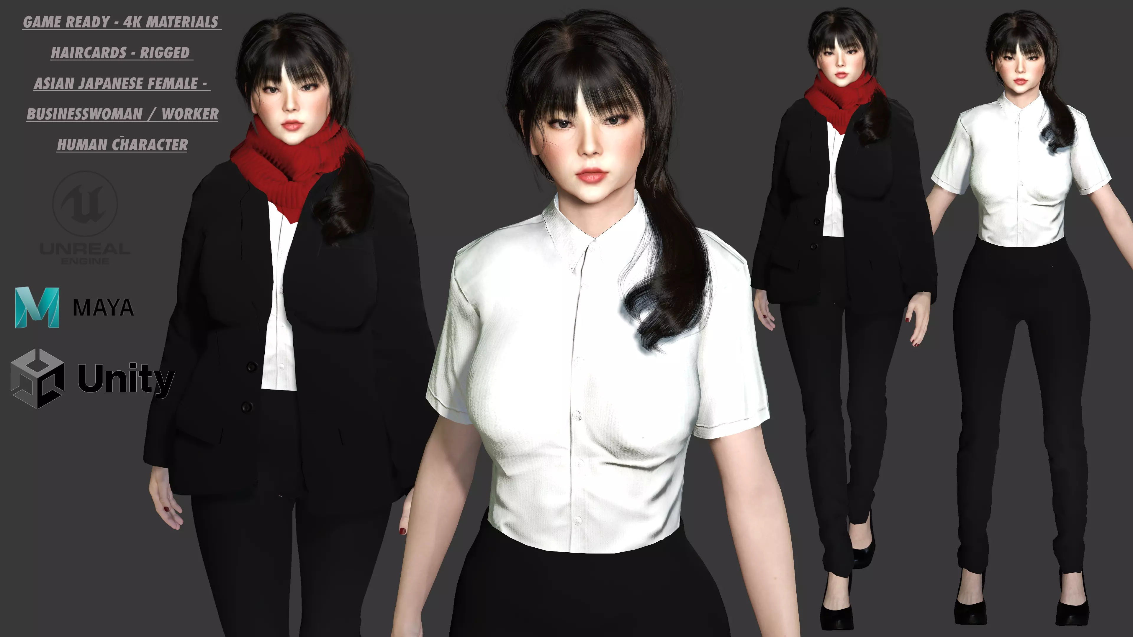 3D ASIAN FEMALE BUSINESSWOMAN WORKER- REALISTIC GAME CHARACTER Low-poly 3D model_0