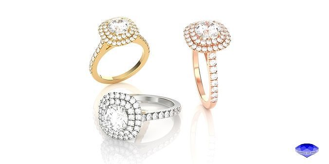 Double Row Halo Engagement Ring 3D print model