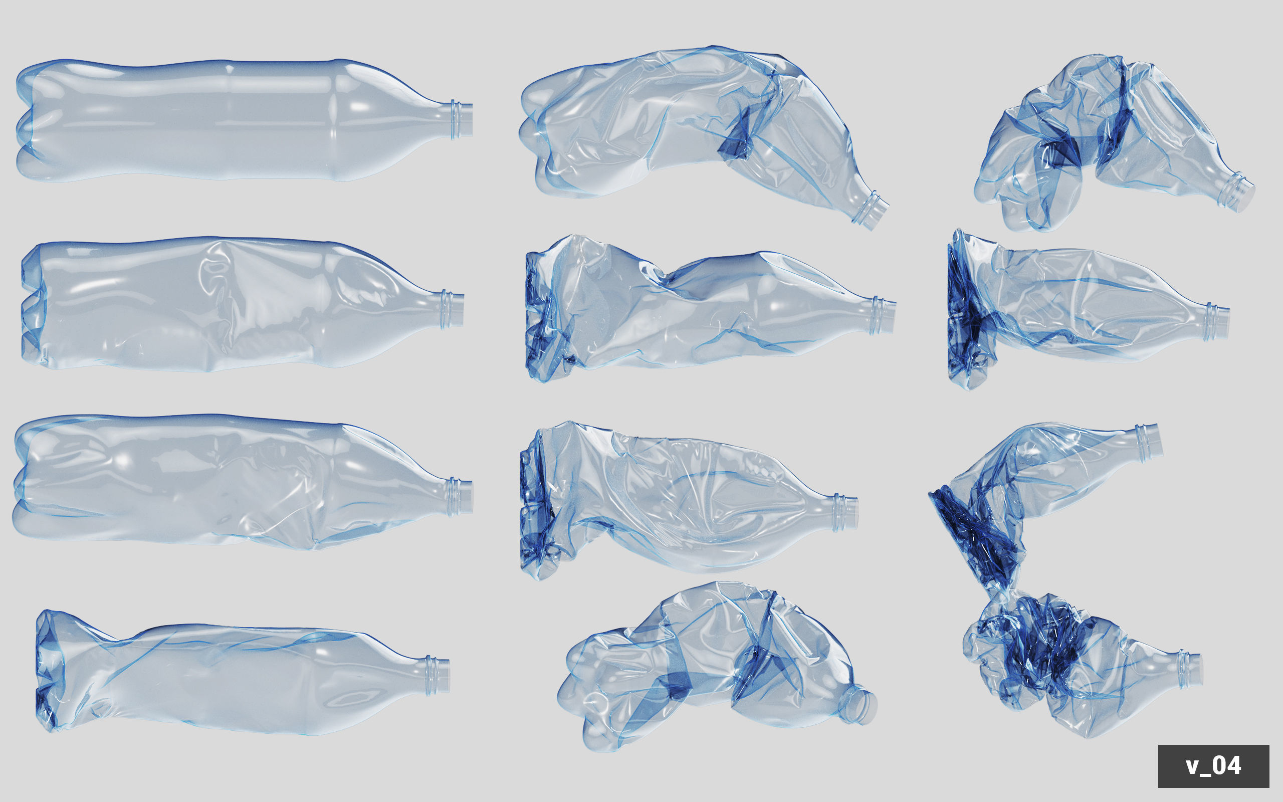 Collection of Crushed Plastic Bottles - 60 items 3D model_44