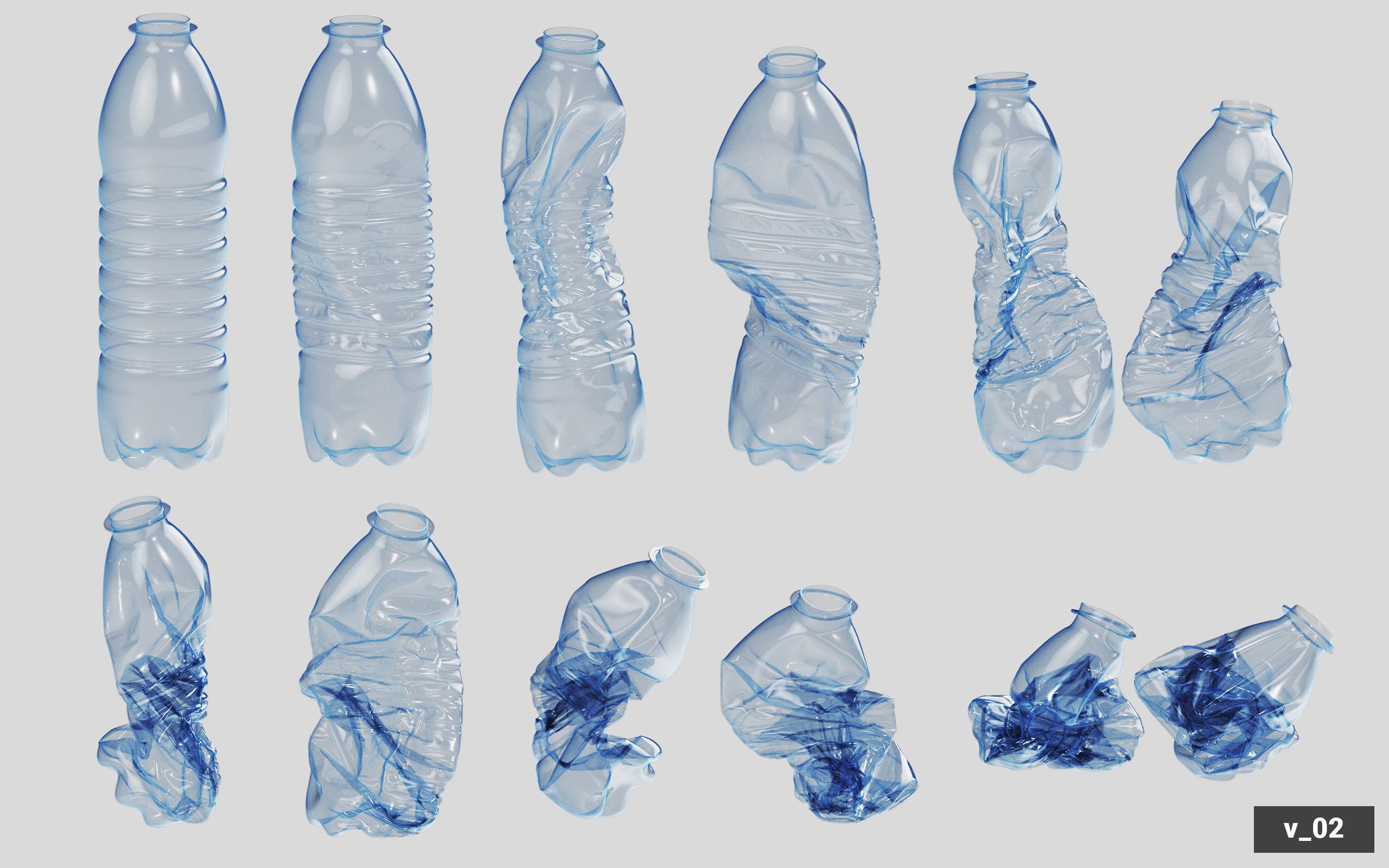 Collection of Crushed Plastic Bottles - 60 items 3D model_17