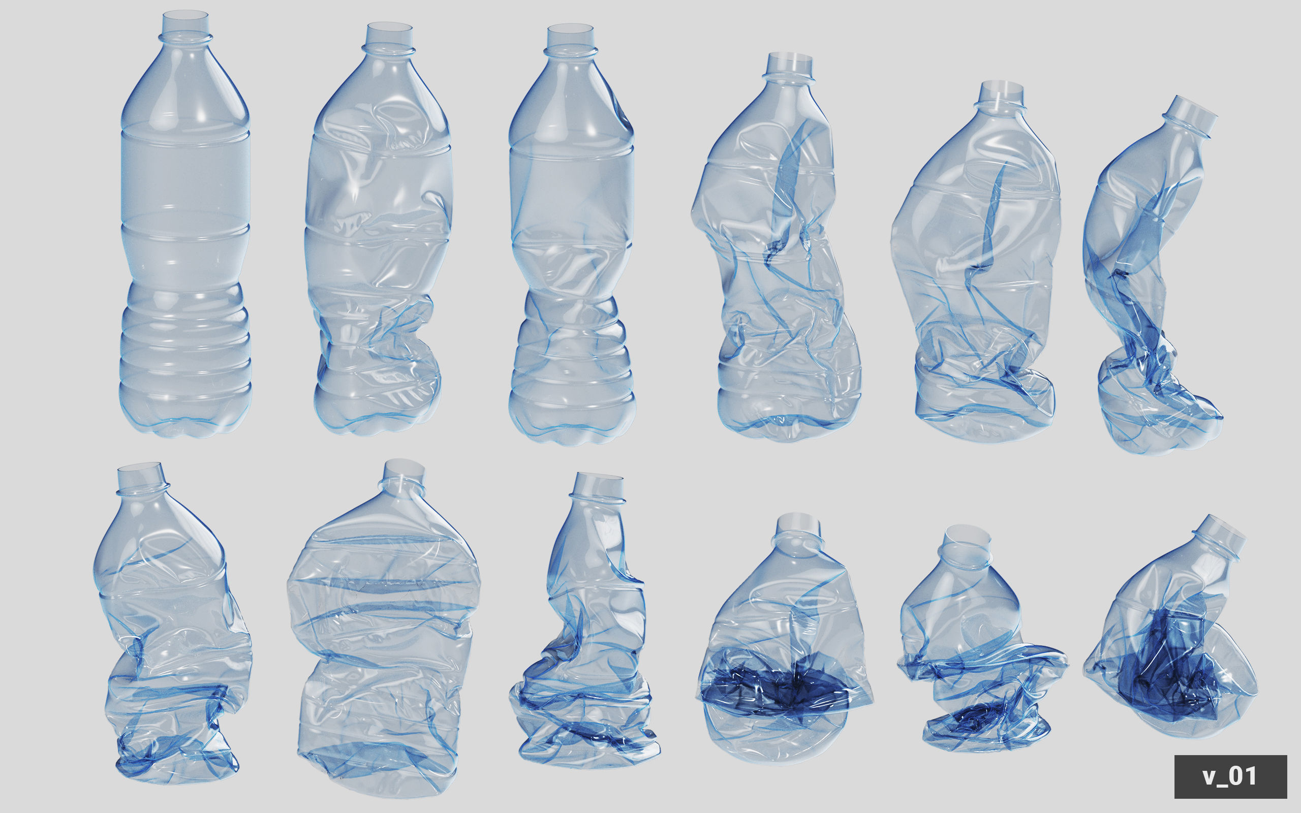 Collection of Crushed Plastic Bottles - 60 items 3D model_2