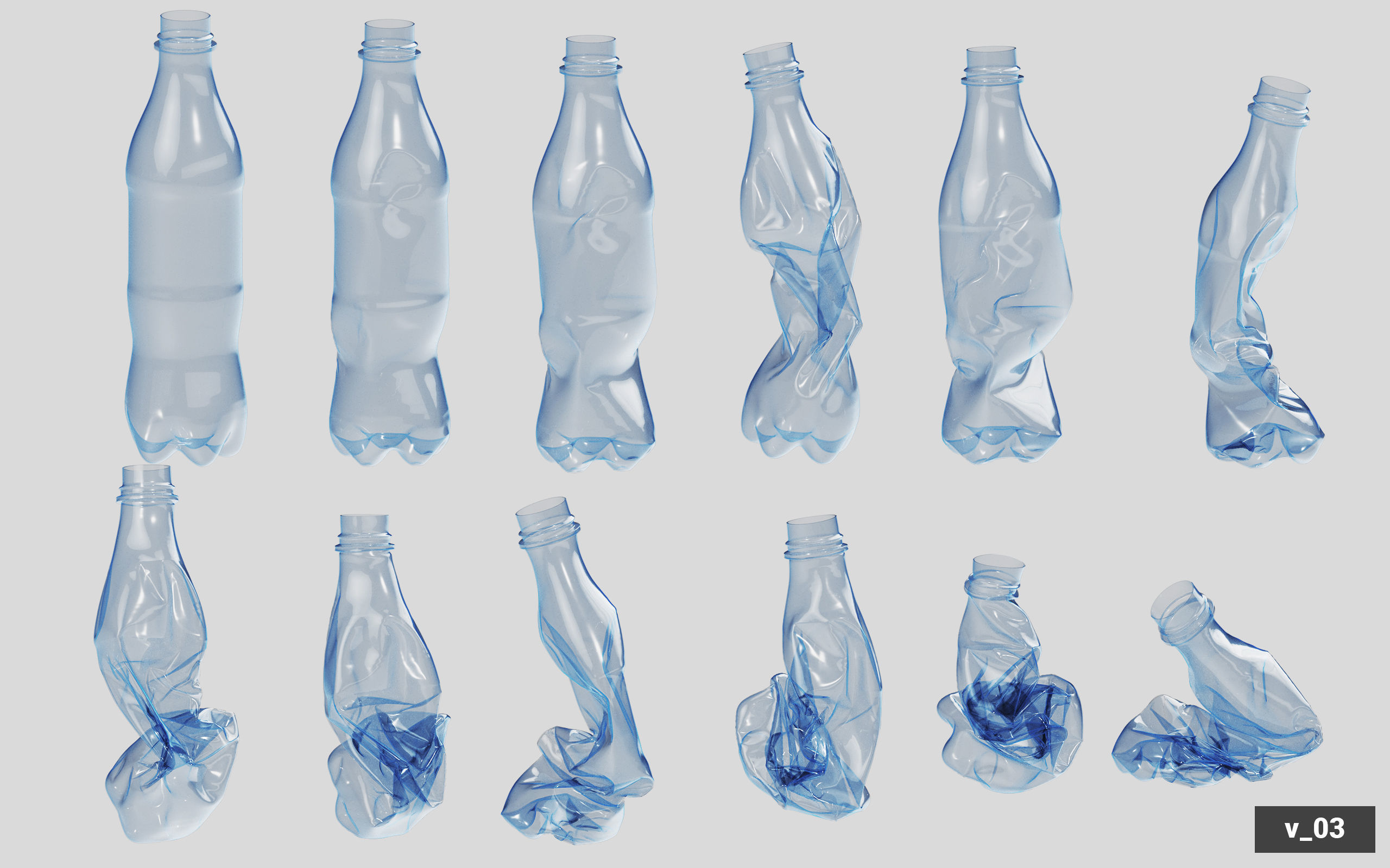 Collection of Crushed Plastic Bottles - 60 items 3D model_29