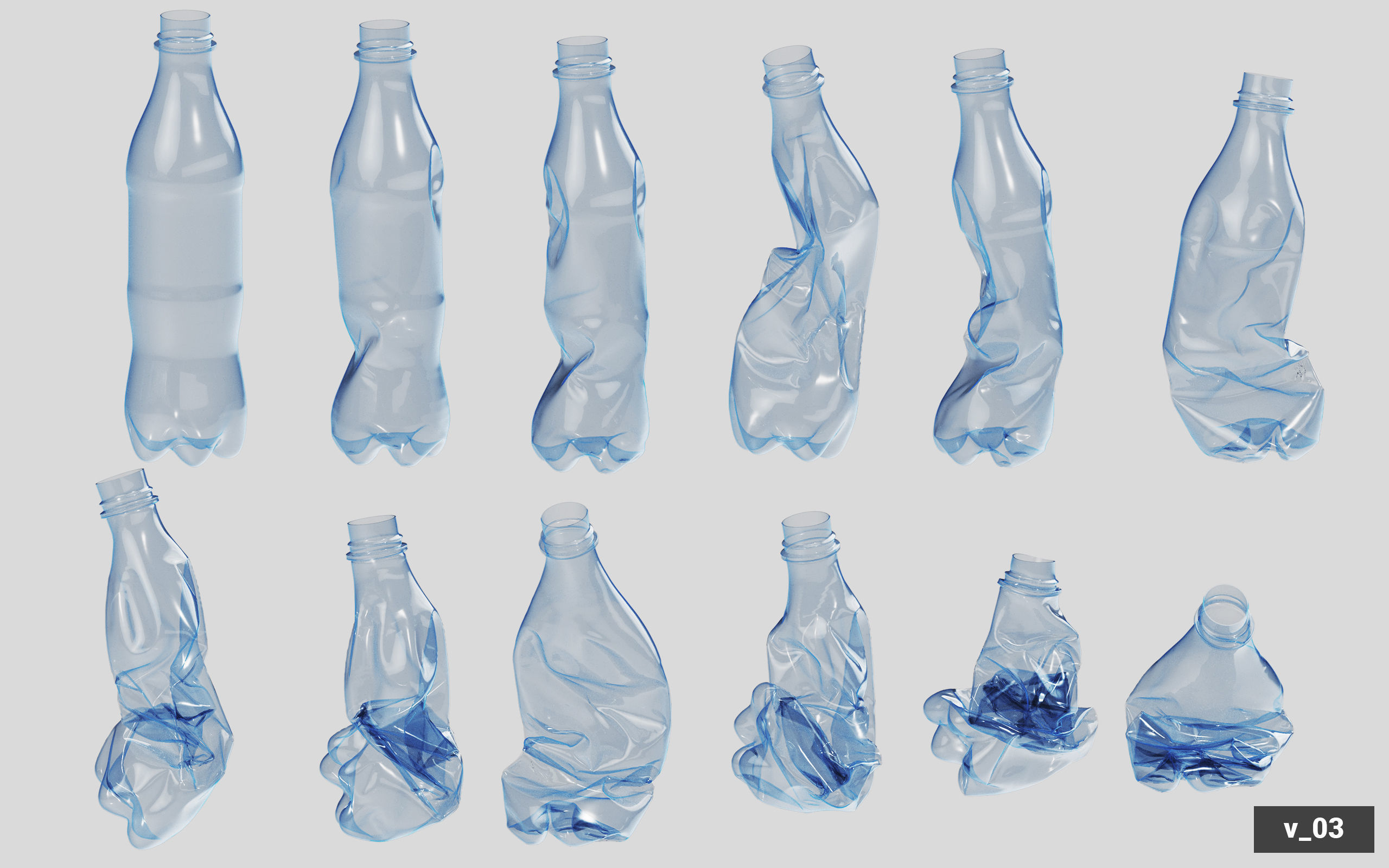 Collection of Crushed Plastic Bottles - 60 items 3D model_30