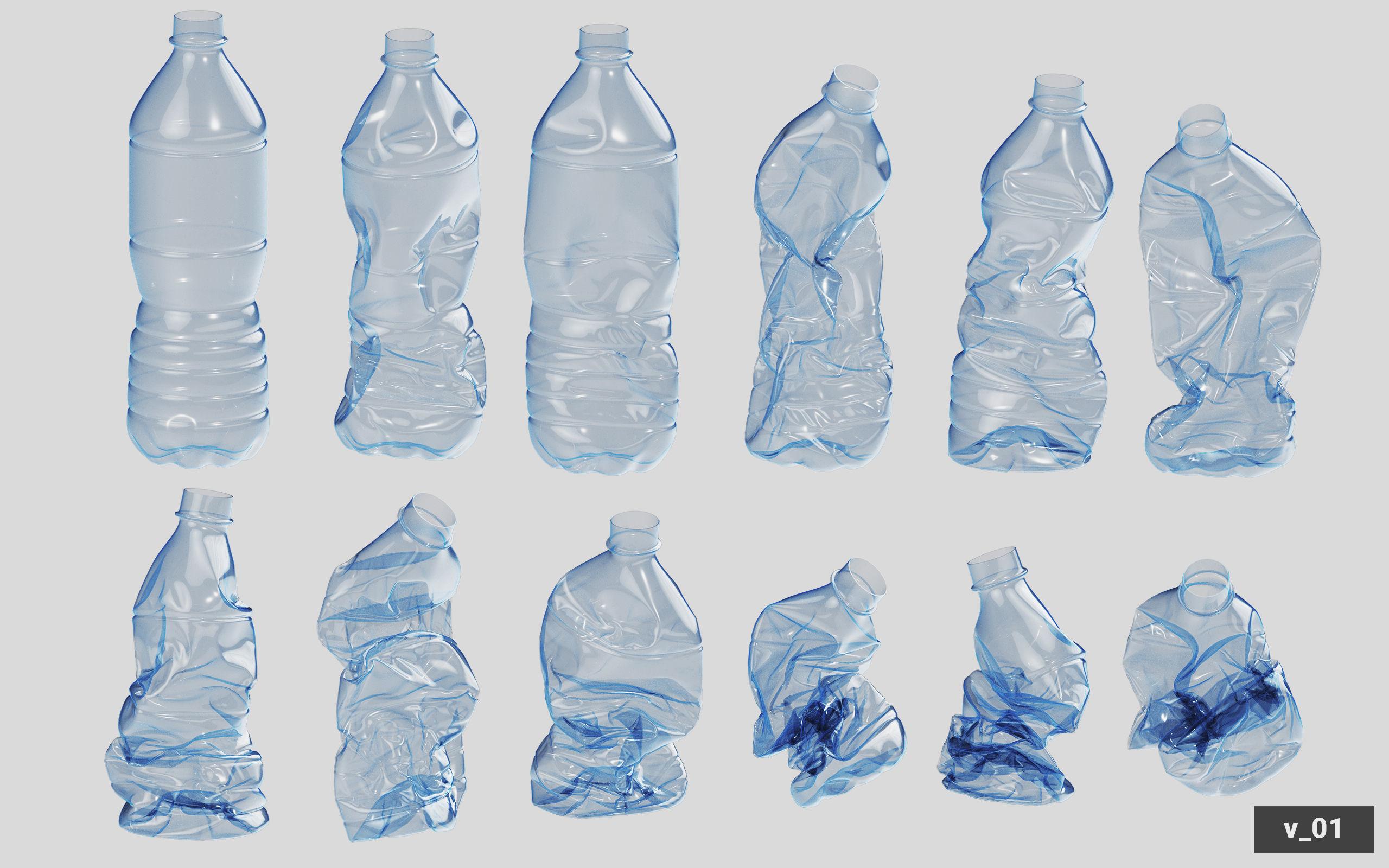 Collection of Crushed Plastic Bottles - 60 items 3D model_3
