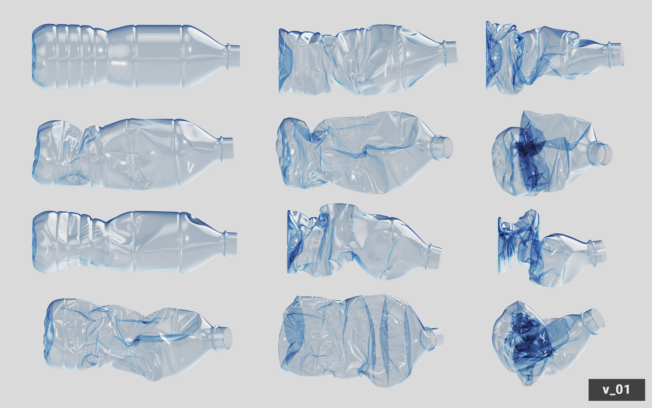 Collection of Crushed Plastic Bottles - 60 items 3D model_8