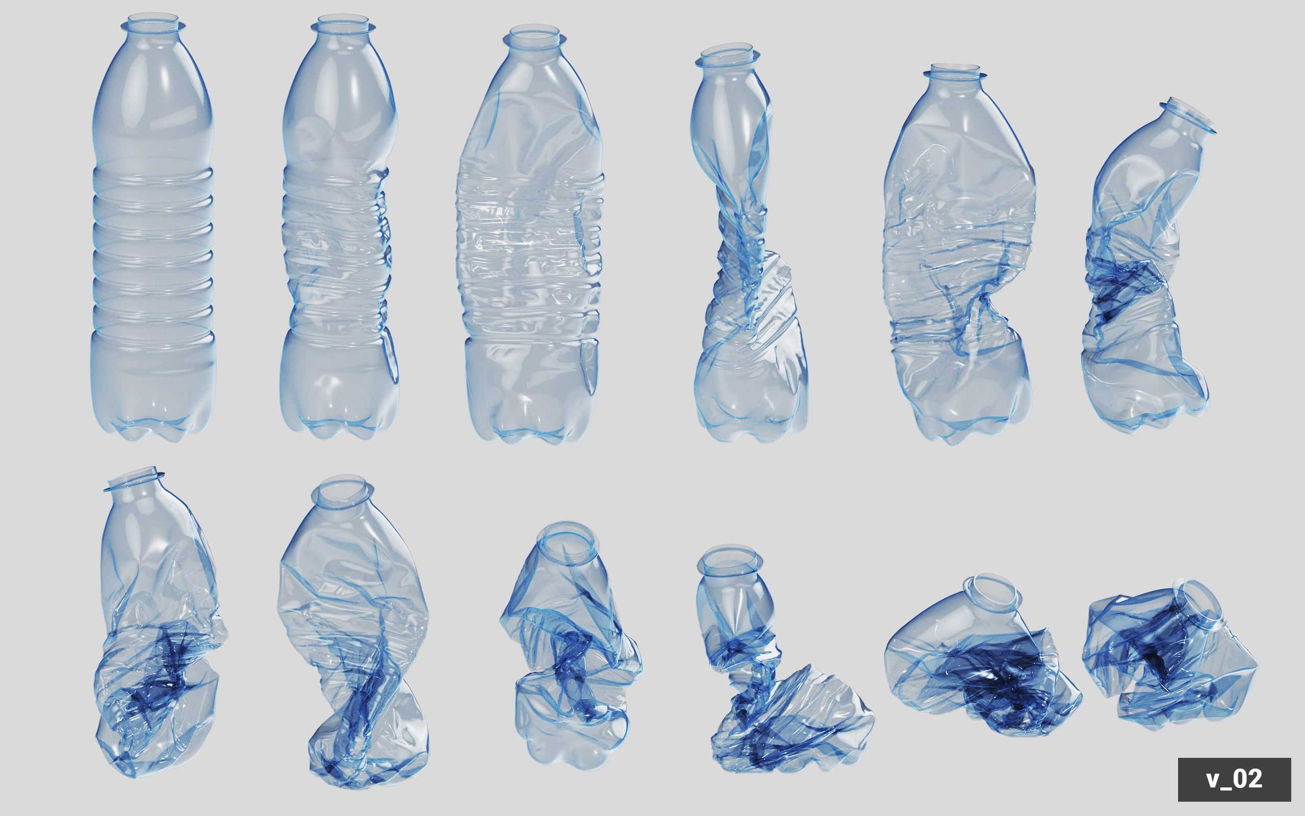 Collection of Crushed Plastic Bottles - 60 items 3D model_16