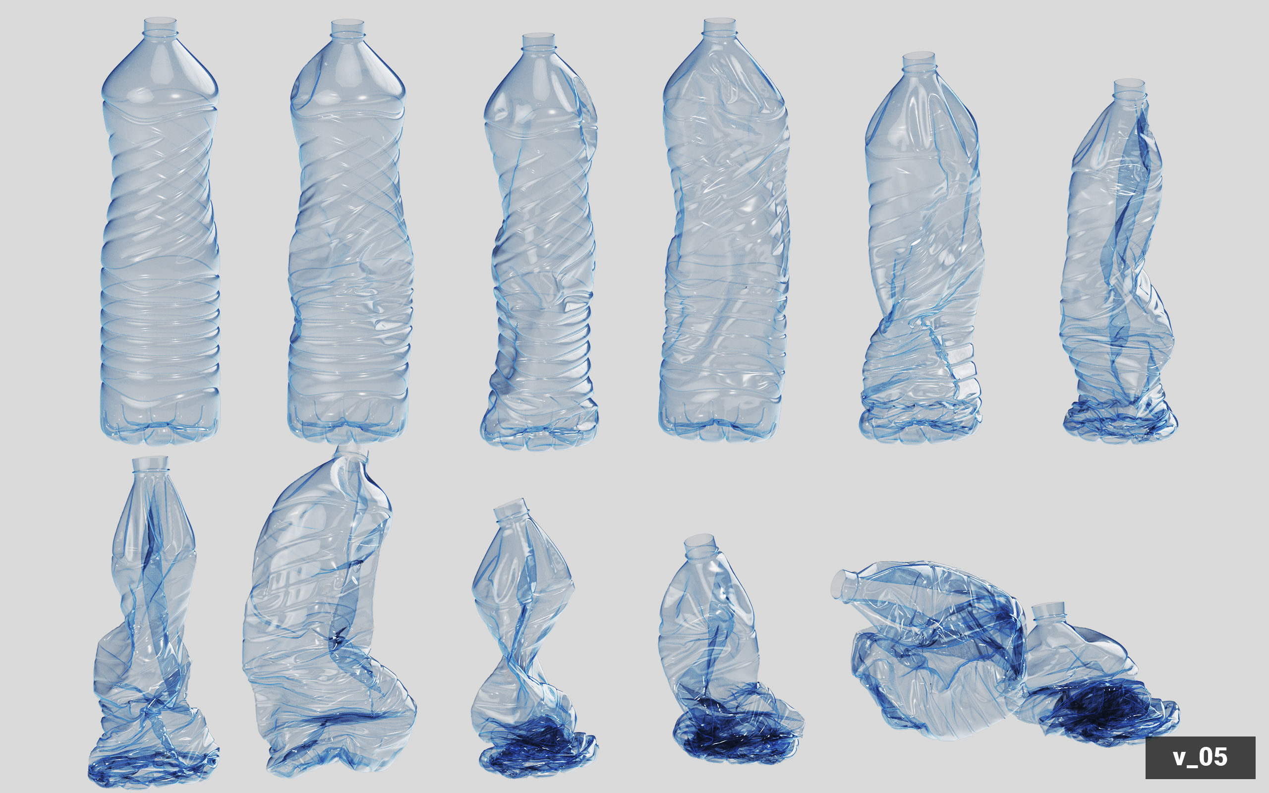 Collection of Crushed Plastic Bottles - 60 items 3D model_53