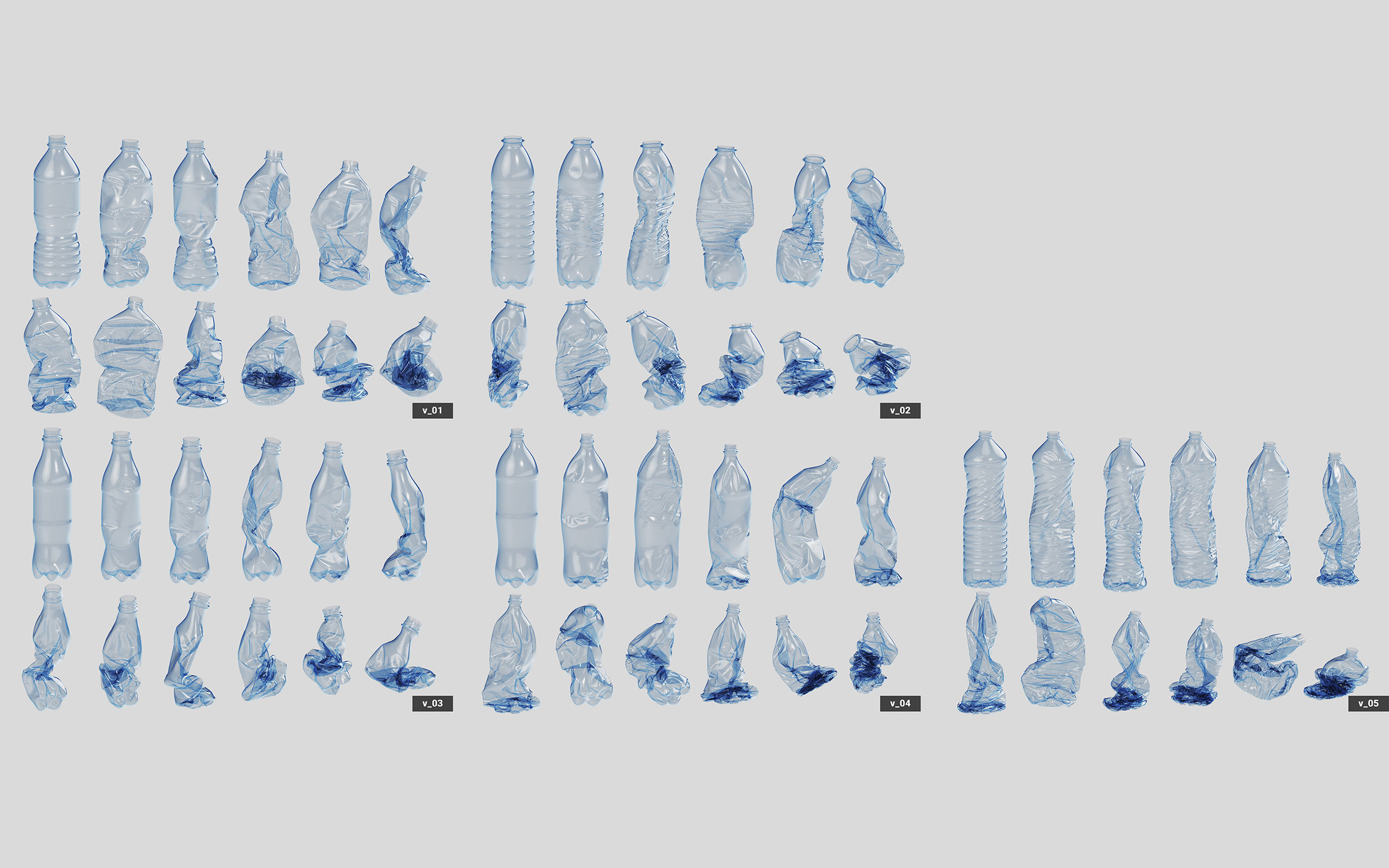 Collection of Crushed Plastic Bottles - 60 items 3D model_1