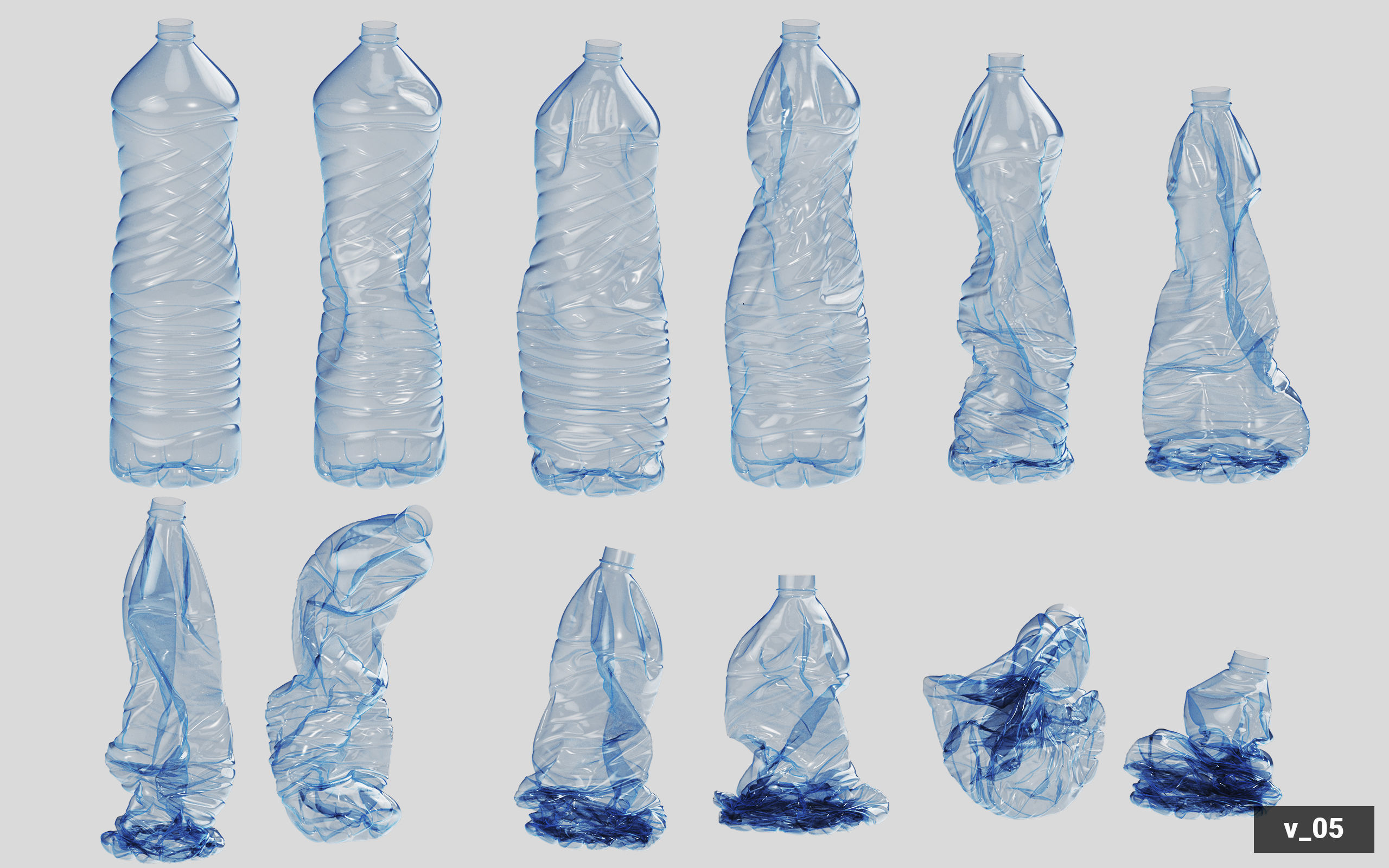 Collection of Crushed Plastic Bottles - 60 items 3D model_51